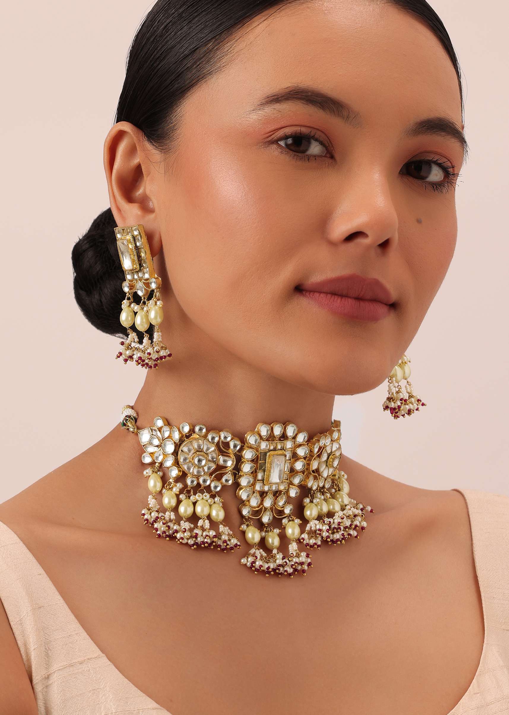 12301-gold-finish-kundan-polki-pearl-white-choker-set-with-pearls-and-red-beads-1.jpg Gold Finish Kundan Polki Pearl White Choker Set With Pearls and Red Beads