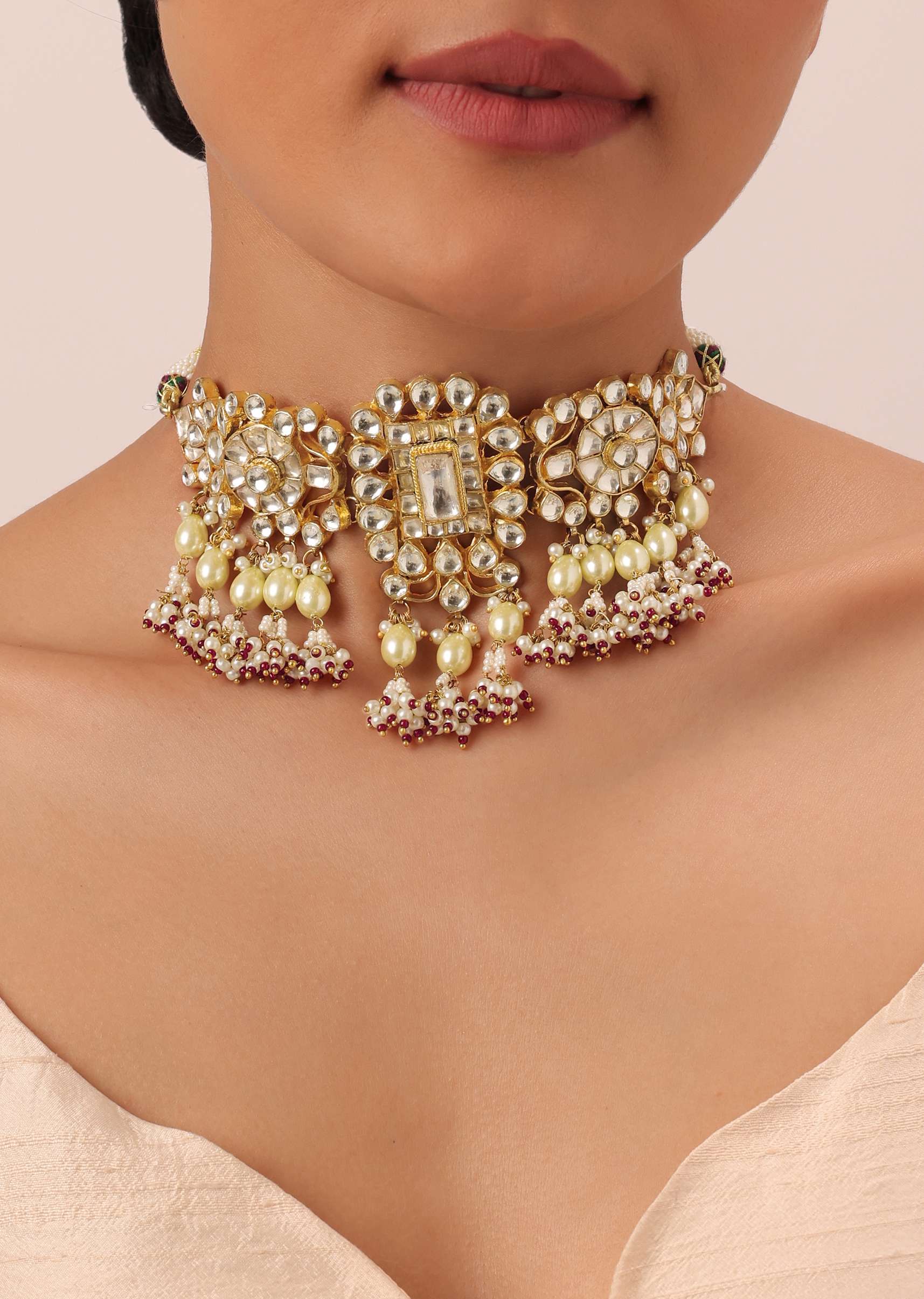 12301-gold-finish-kundan-polki-pearl-white-choker-set-with-pearls-and-red-beads-2.jpg Gold Finish Kundan Polki Pearl White Choker Set With Pearls and Red Beads