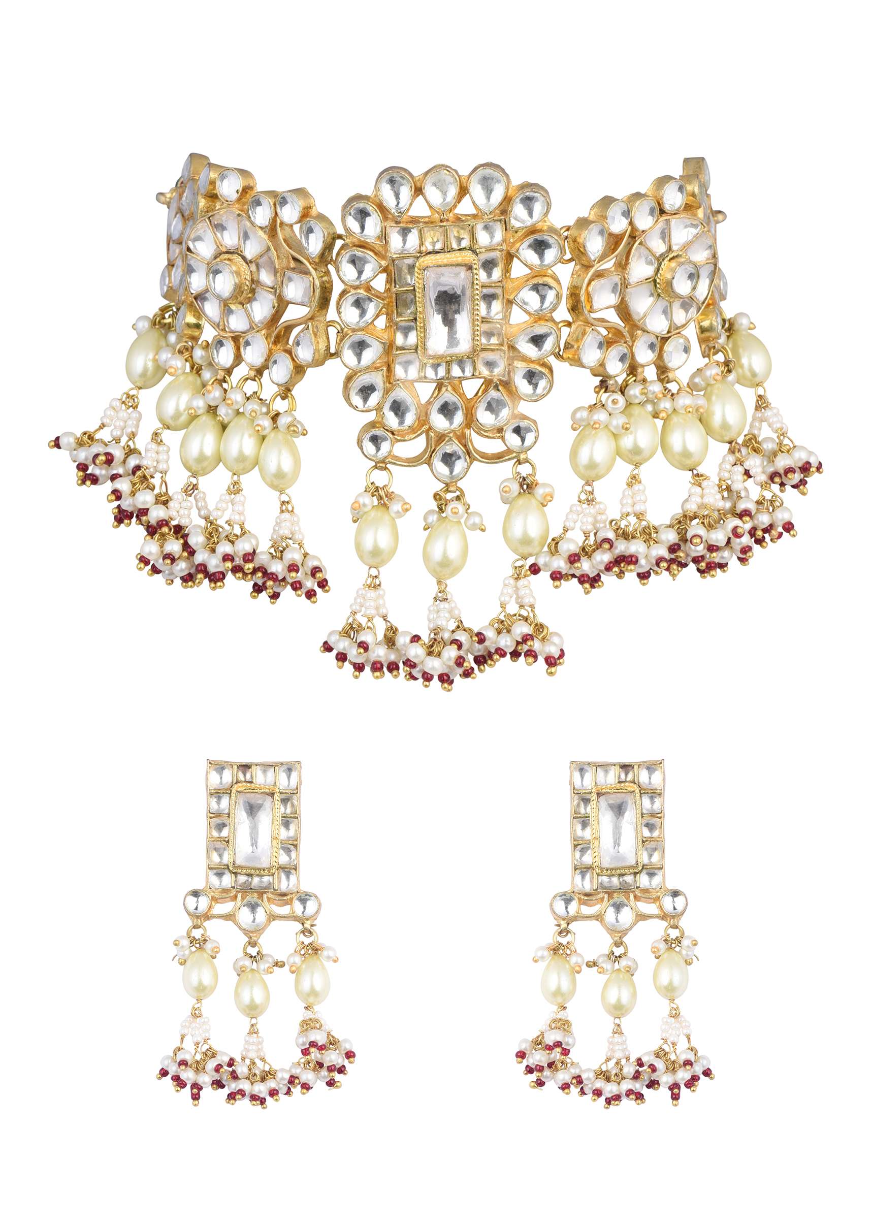 12301-gold-finish-kundan-polki-pearl-white-choker-set-with-pearls-and-red-beads-4.jpg Gold Finish Kundan Polki Pearl White Choker Set With Pearls and Red Beads