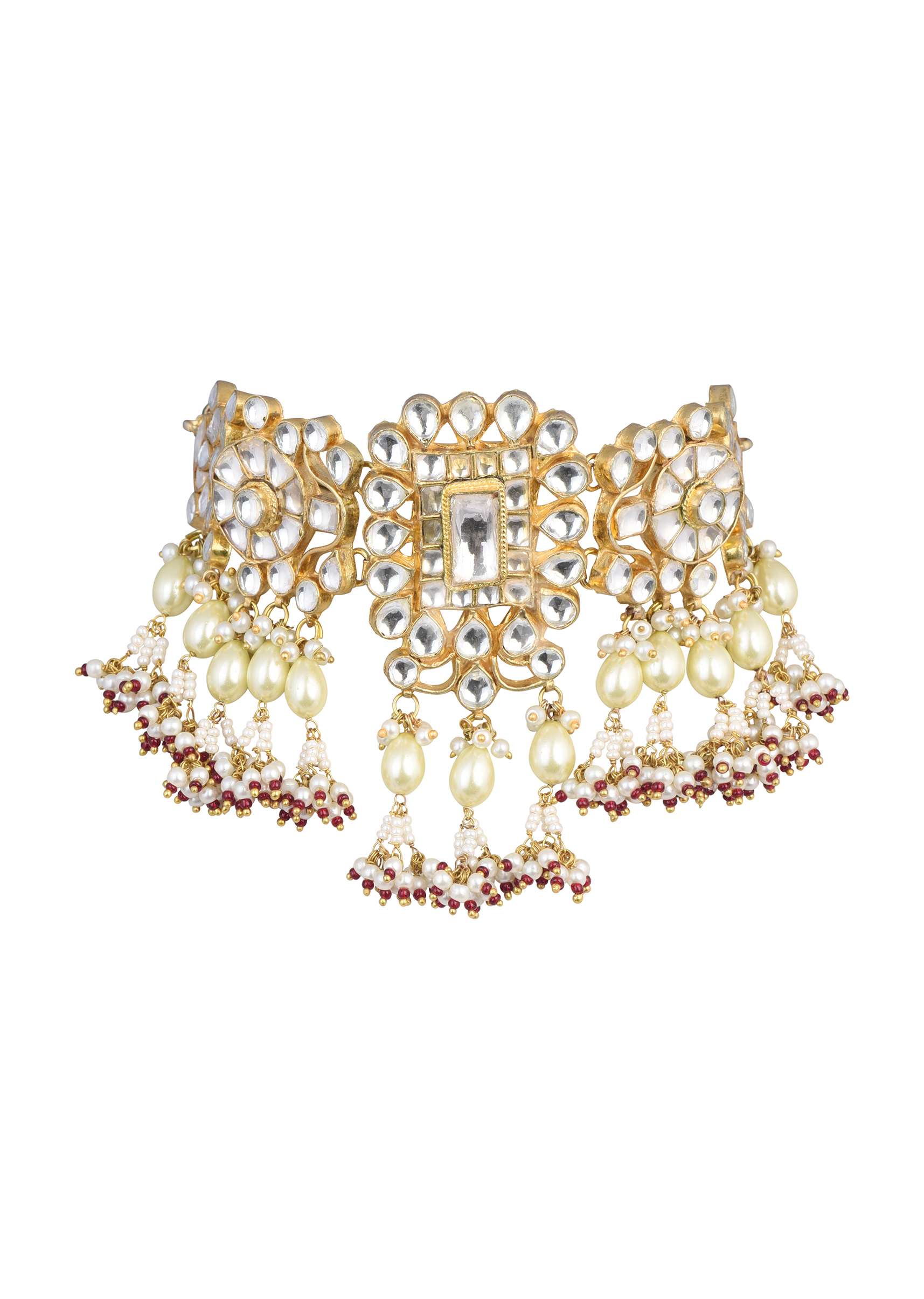 12301-gold-finish-kundan-polki-pearl-white-choker-set-with-pearls-and-red-beads-5.jpg Gold Finish Kundan Polki Pearl White Choker Set With Pearls and Red Beads