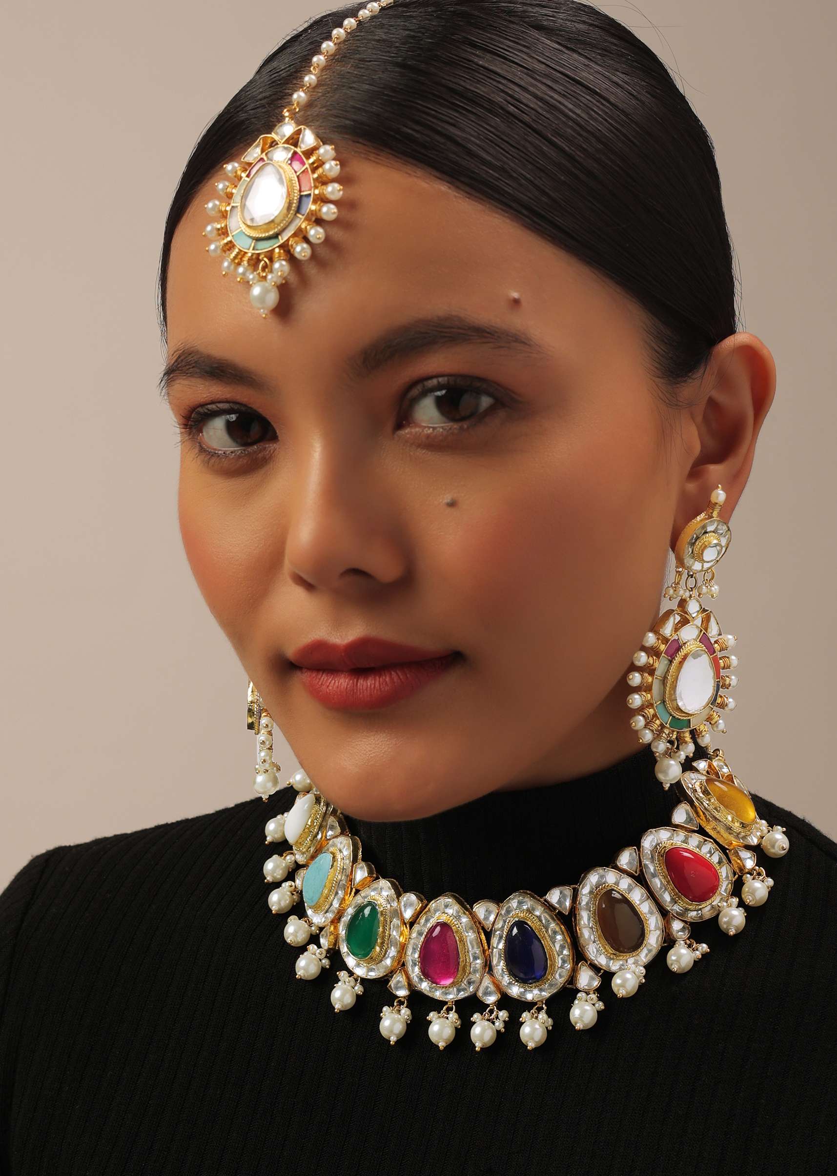 12302-gold-finish-navratna-kundan-polki-choker-set-1.jpg Gold Finish Navratna Kundan Polki Choker Set