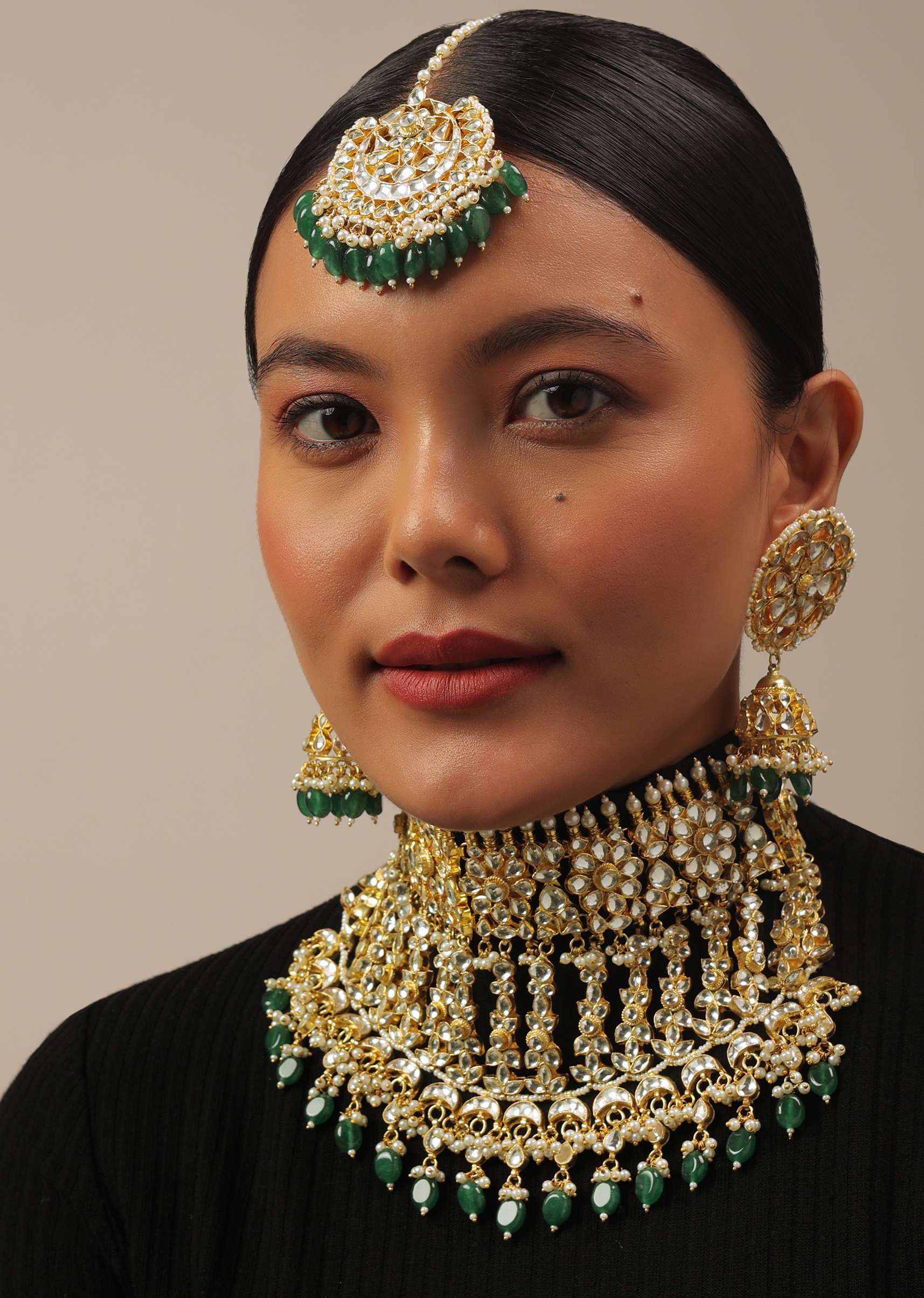 12303-gold-finish-kundan-polki-choker-set-with-green-drops-1.jpg Gold Finish Kundan Polki Choker Set With Green Drops