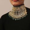 12303-gold-finish-kundan-polki-choker-set-with-green-drops-2.jpg Gold Finish Kundan Polki Choker Set With Green Drops