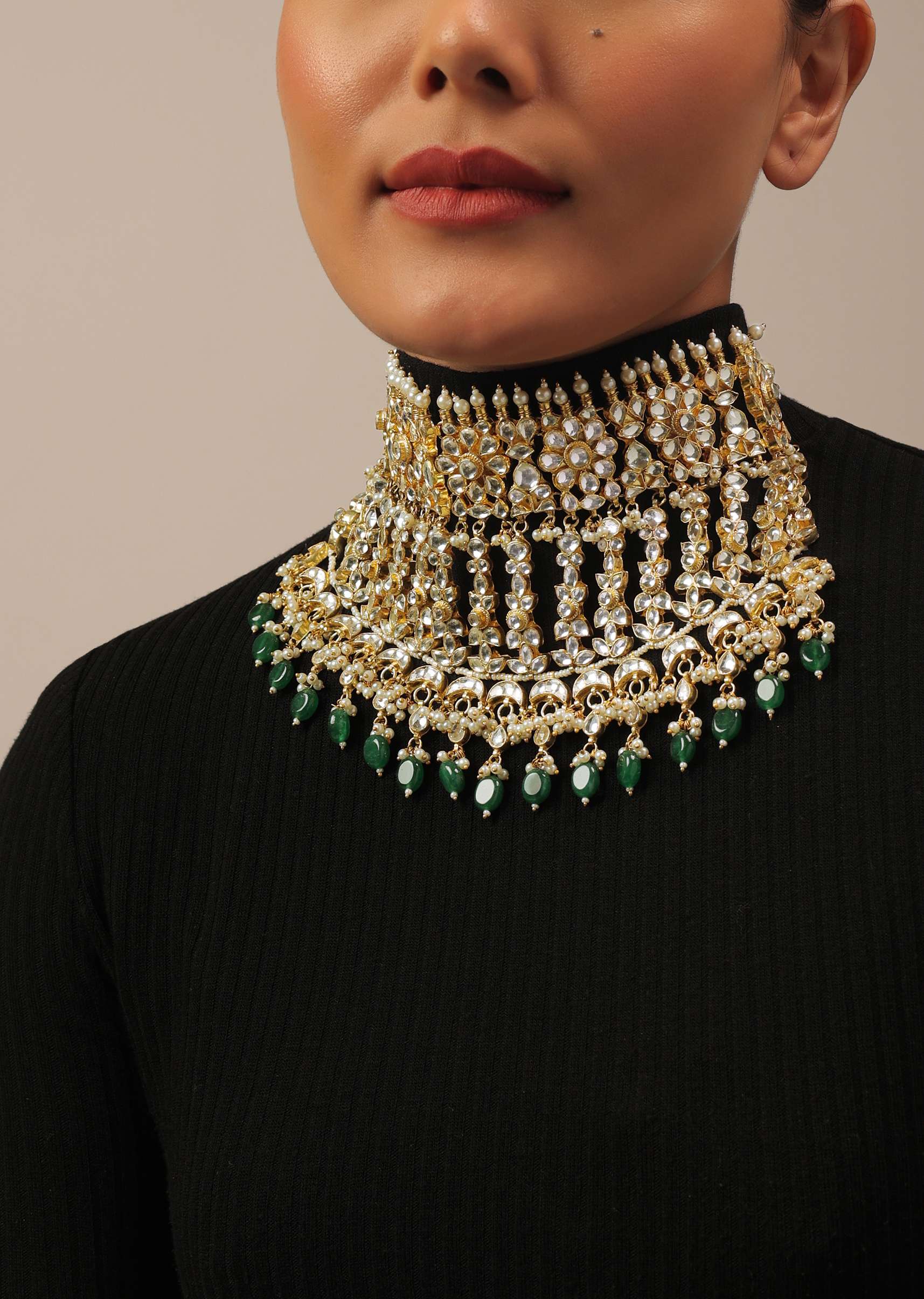 12303-gold-finish-kundan-polki-choker-set-with-green-drops-2.jpg Gold Finish Kundan Polki Choker Set With Green Drops