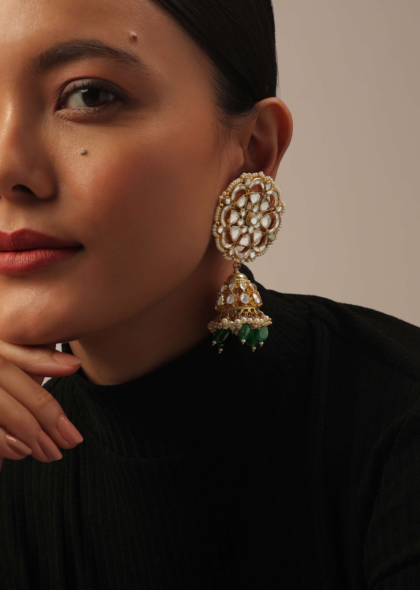 12303-gold-finish-kundan-polki-choker-set-with-green-drops-3.jpg Gold Finish Kundan Polki Choker Set With Green Drops