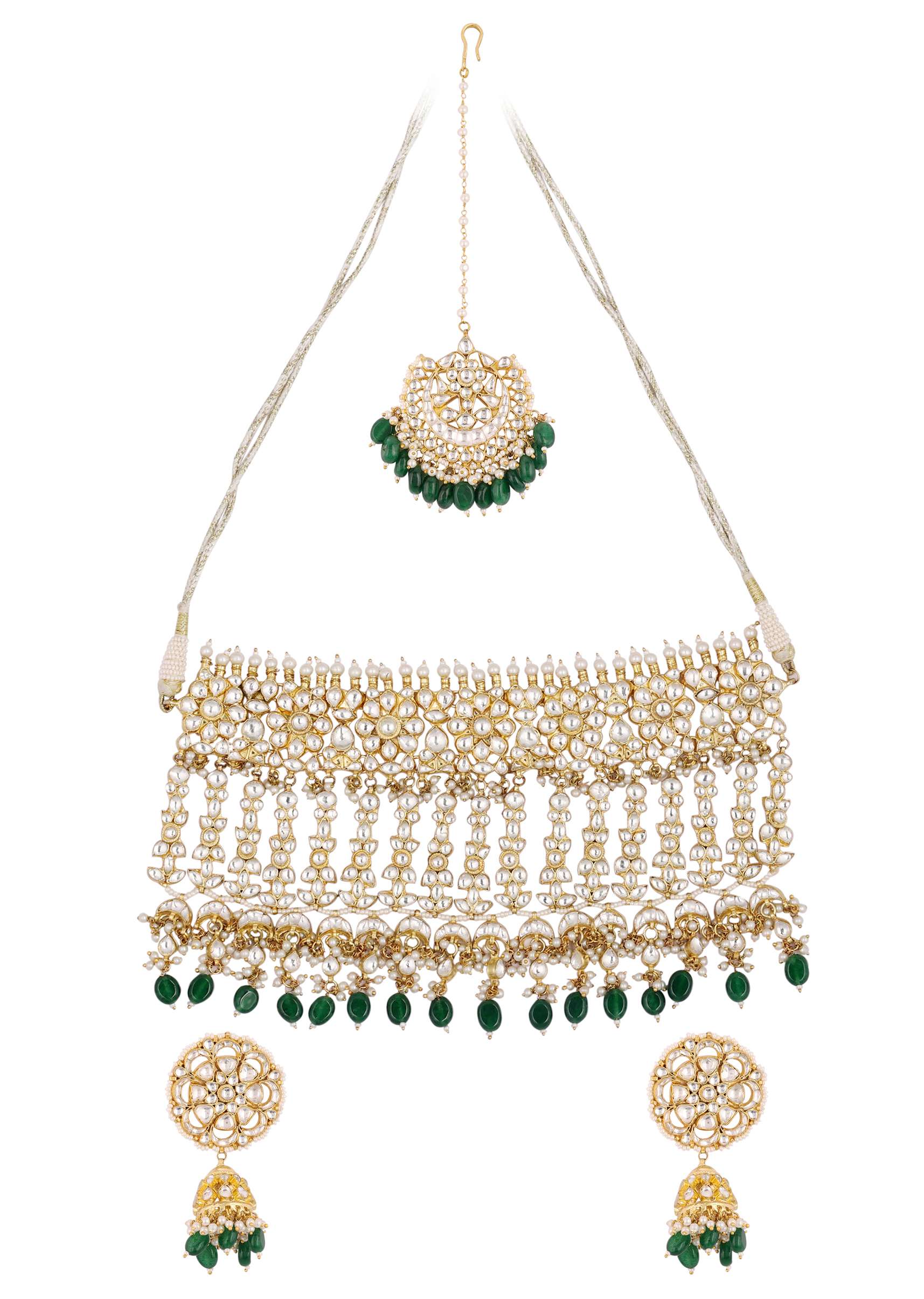 12303-gold-finish-kundan-polki-choker-set-with-green-drops-5.jpg Gold Finish Kundan Polki Choker Set With Green Drops