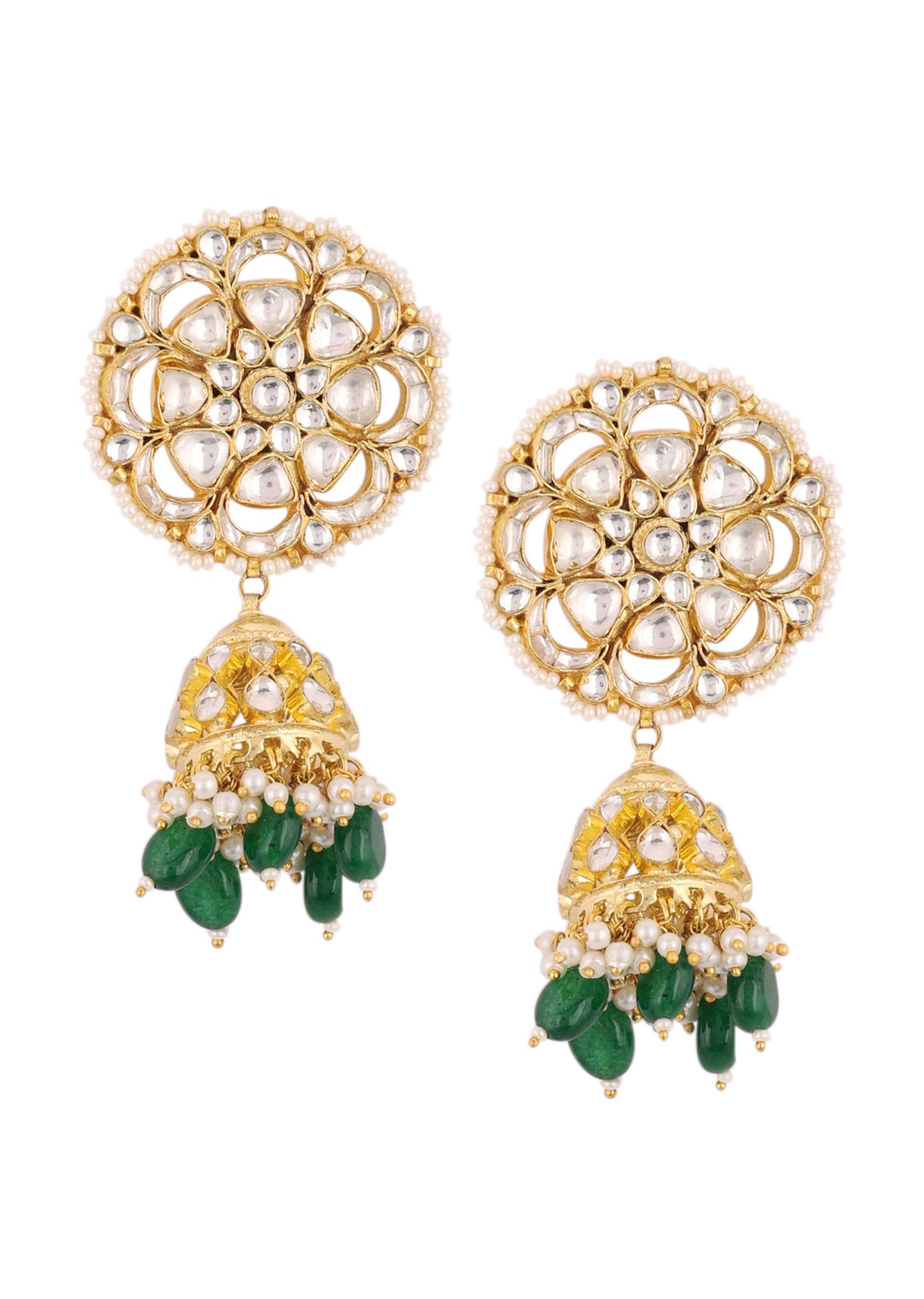 12303-gold-finish-kundan-polki-choker-set-with-green-drops-7.jpg Gold Finish Kundan Polki Choker Set With Green Drops