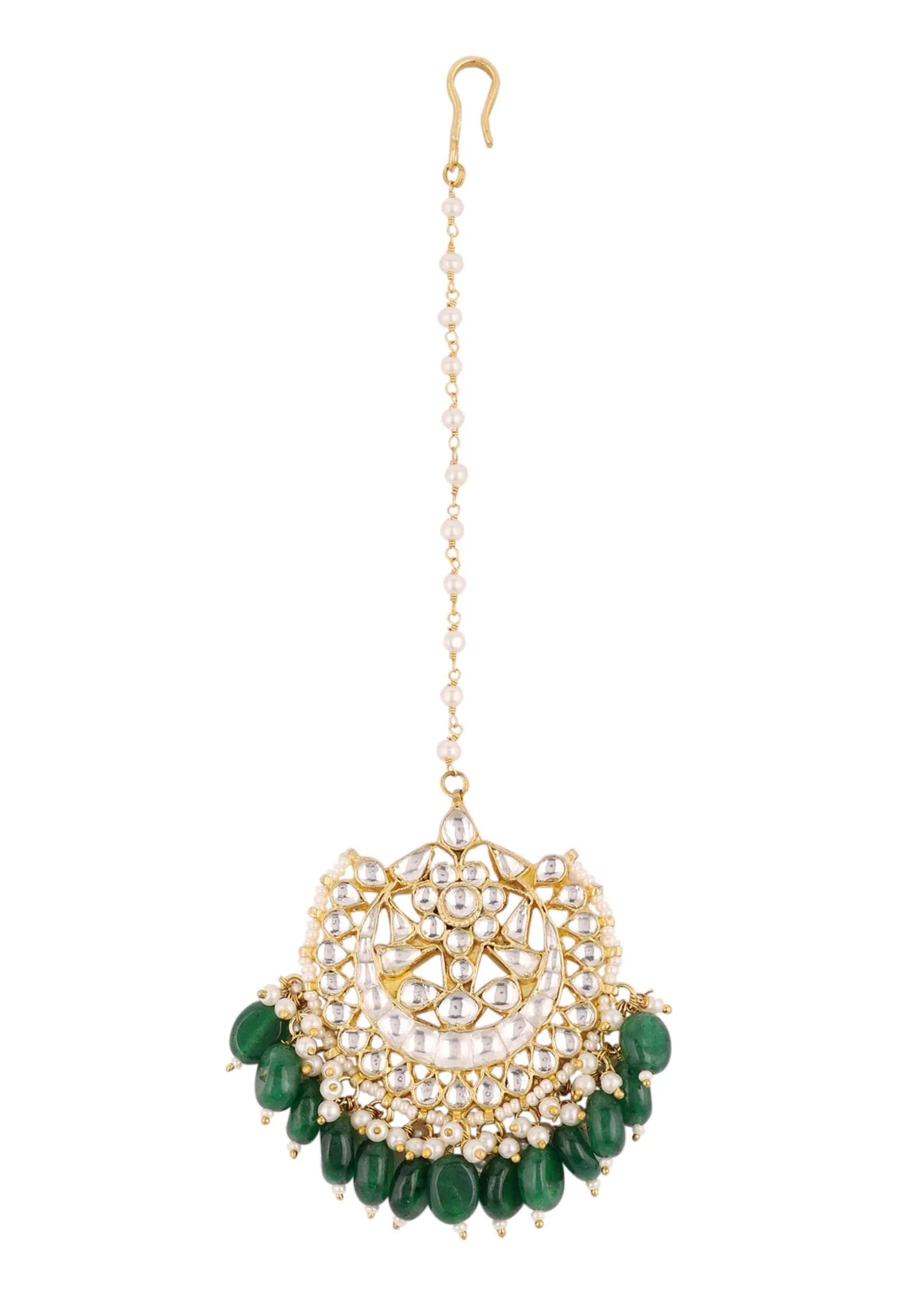 12303-gold-finish-kundan-polki-choker-set-with-green-drops-8.webp Gold Finish Kundan Polki Choker Set With Green Drops