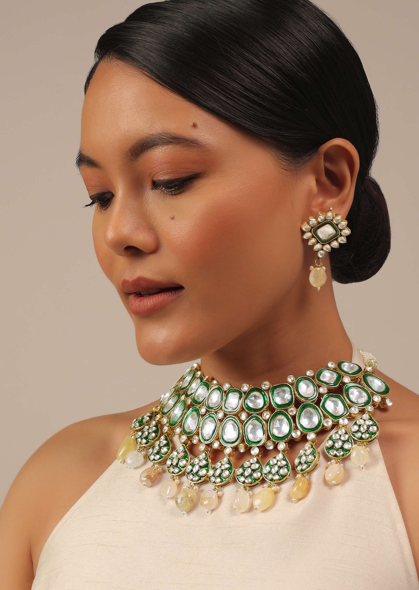12304-gold-finish-green-kundan-polki-bridal-choker-set-with-stones-1.jpg Gold Finish Green Kundan Polki Bridal Choker Set With Stones