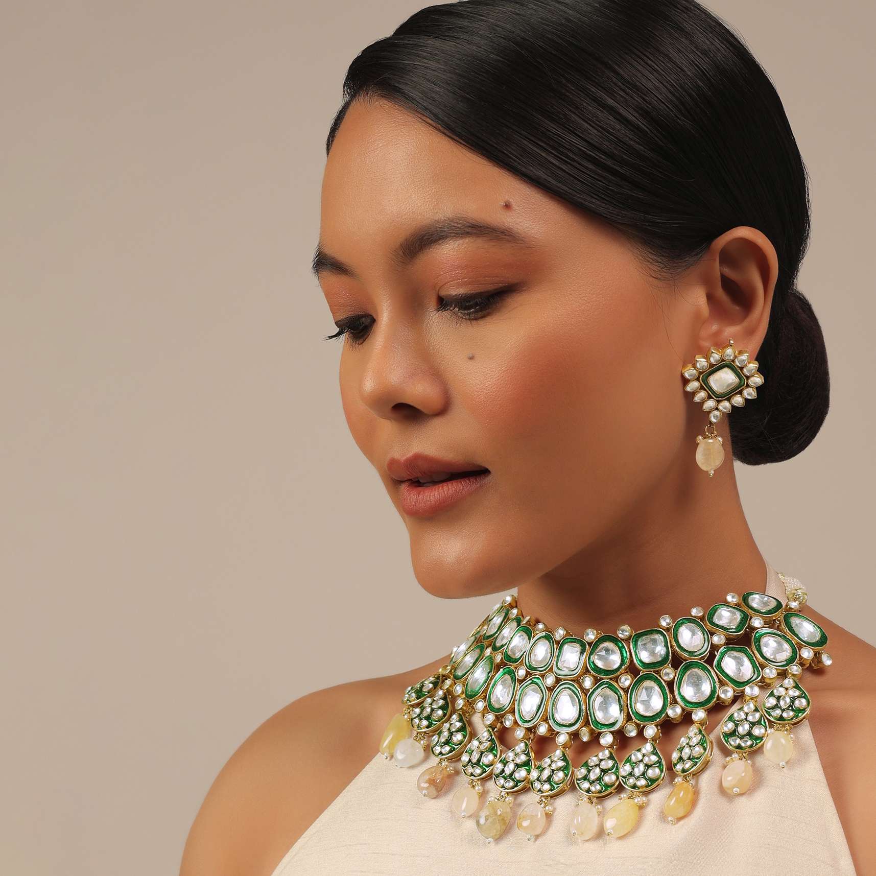 12304-gold-finish-green-kundan-polki-bridal-choker-set-with-stones-2.jpg Gold Finish Green Kundan Polki Bridal Choker Set With Stones