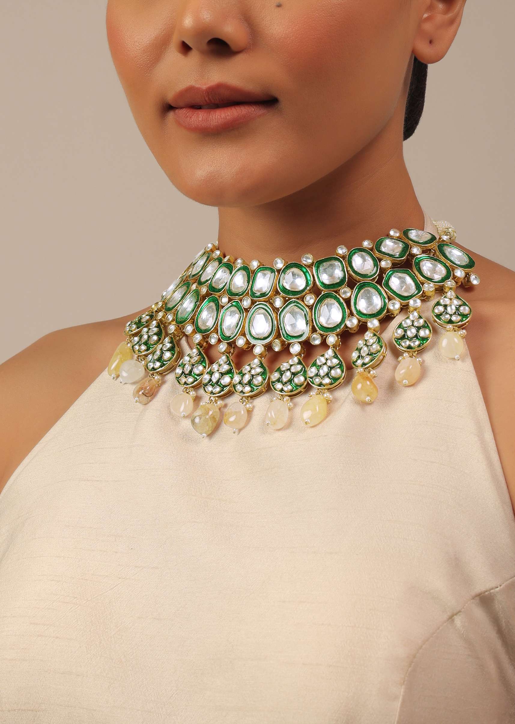 12304-gold-finish-green-kundan-polki-bridal-choker-set-with-stones-3.jpg Gold Finish Green Kundan Polki Bridal Choker Set With Stones