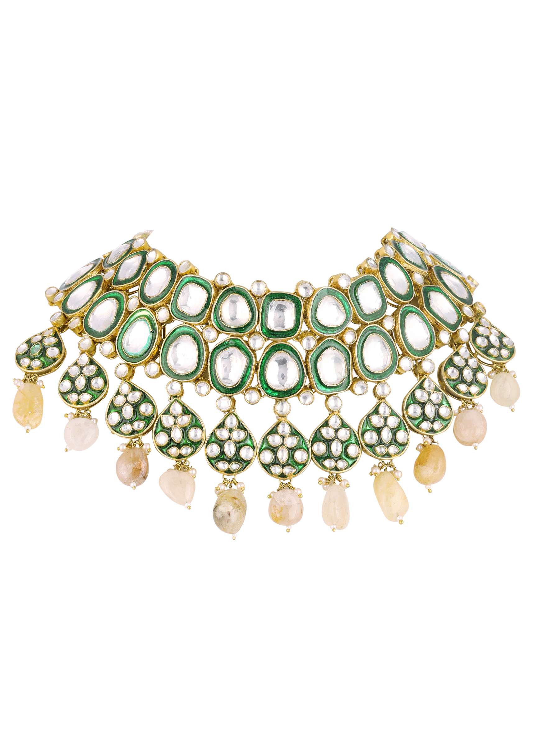 12304-gold-finish-green-kundan-polki-bridal-choker-set-with-stones-5.jpg Gold Finish Green Kundan Polki Bridal Choker Set With Stones