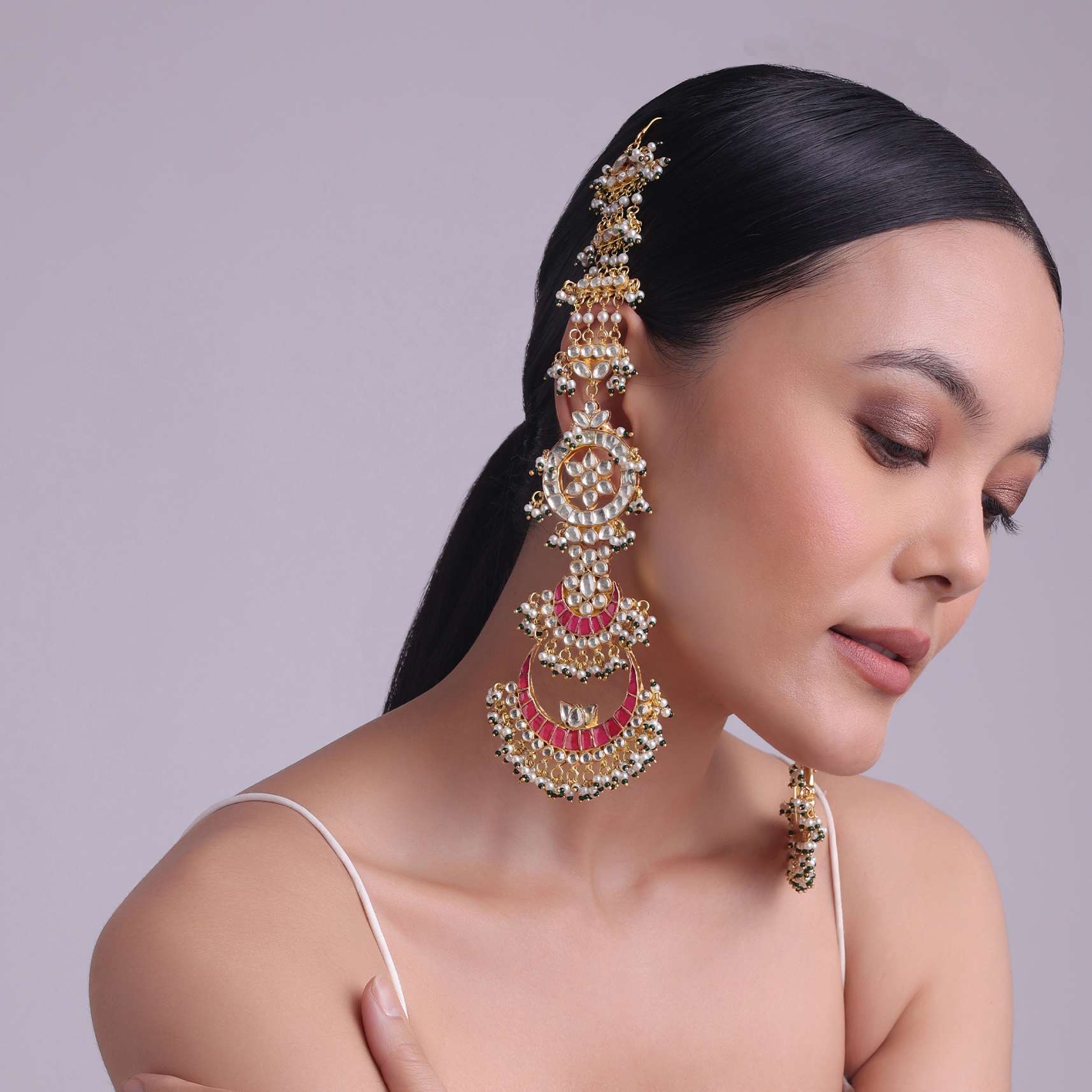 12307-green-and-red-tone-chandabali-heavy-kundan-earrings-with-pearls-3.jpg Green And Red Tone Chandabali Heavy Kundan Earrings With Pearls