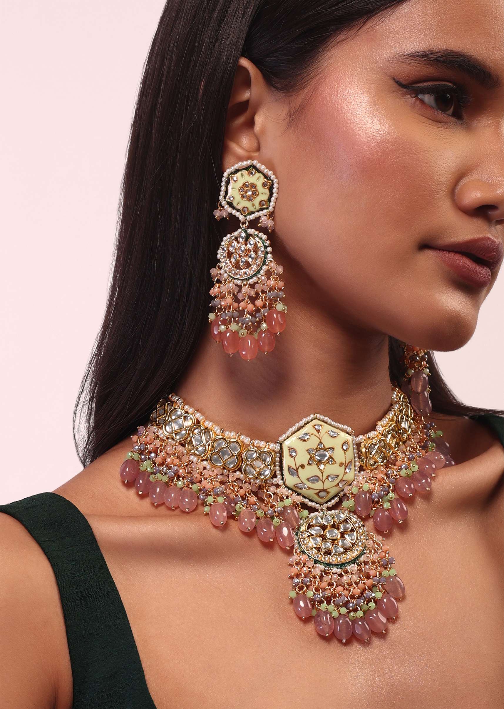 12312-gold-finish-kundan-polki-beaded-necklace-set-with-earrings-1.jpg Gold Finish Kundan Polki beaded Necklace set with Earrings