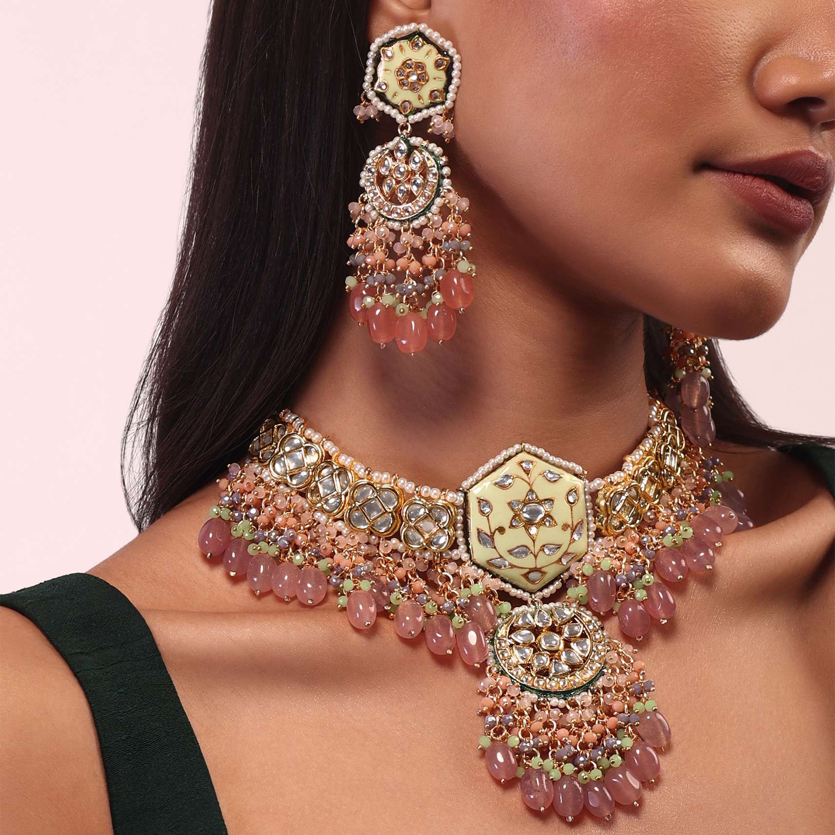 12312-gold-finish-kundan-polki-beaded-necklace-set-with-earrings-2.jpg Gold Finish Kundan Polki beaded Necklace set with Earrings