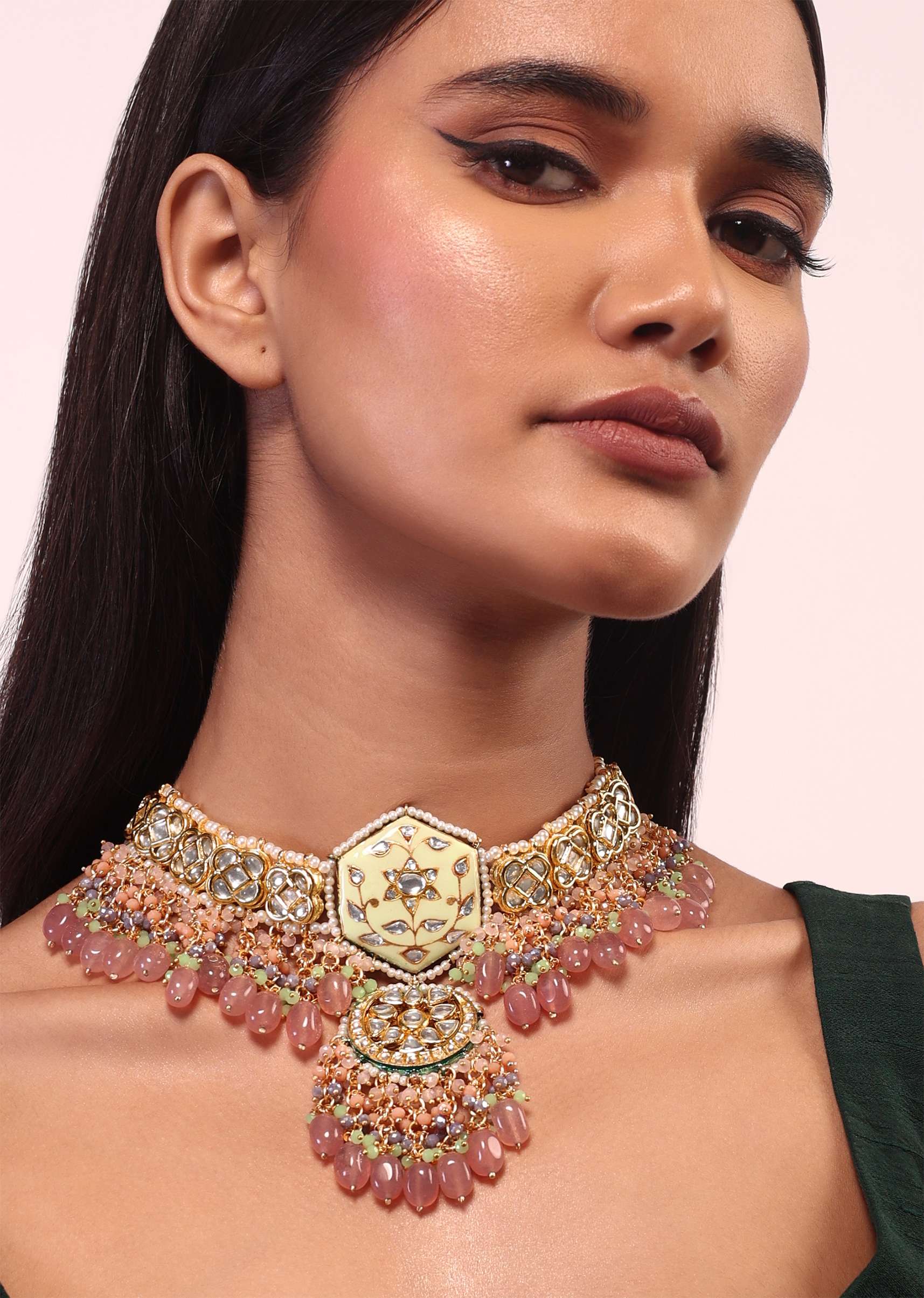 12312-gold-finish-kundan-polki-beaded-necklace-set-with-earrings-3.jpg Gold Finish Kundan Polki beaded Necklace set with Earrings