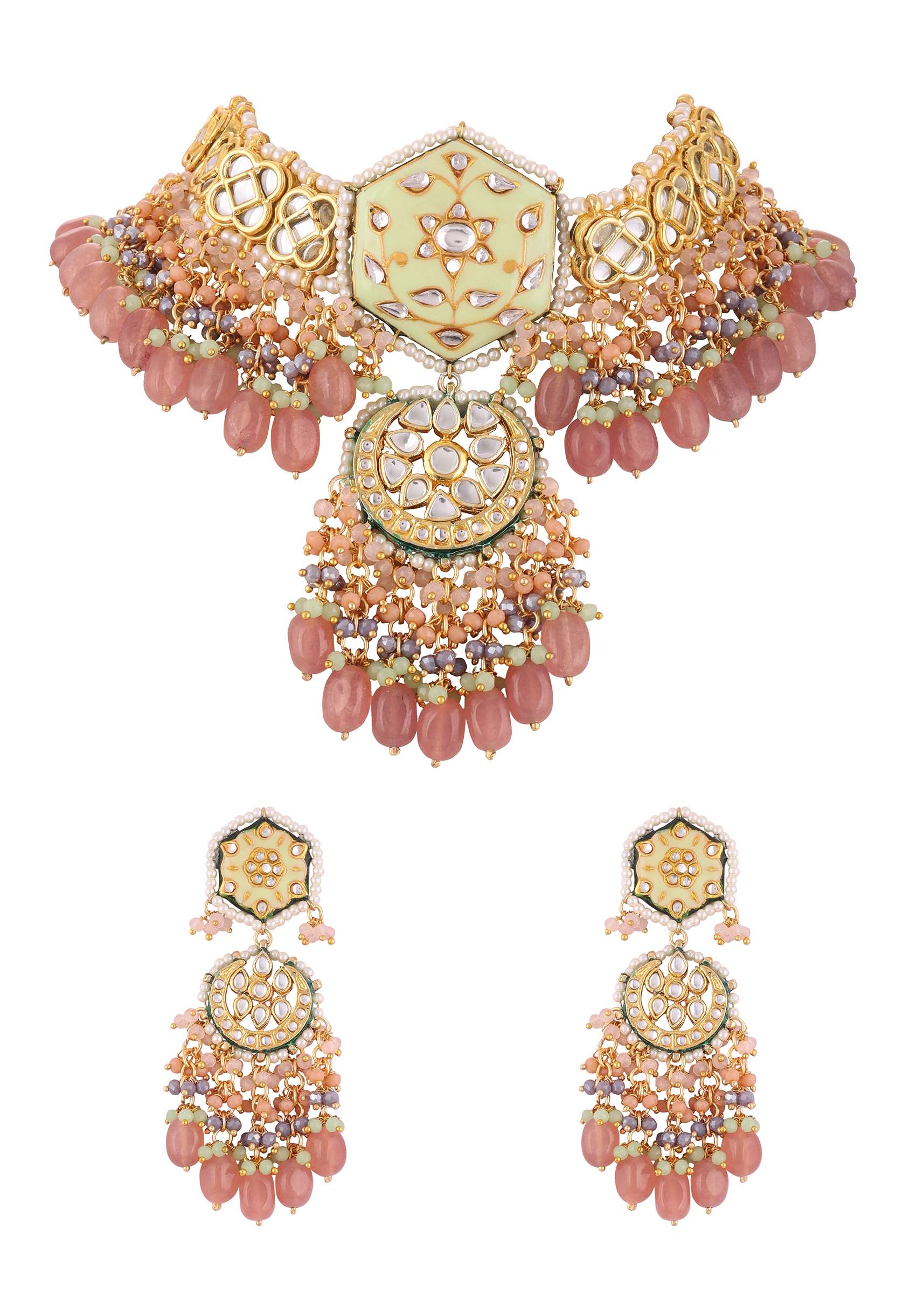 12312-gold-finish-kundan-polki-beaded-necklace-set-with-earrings-6.jpg Gold Finish Kundan Polki beaded Necklace set with Earrings