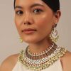 12313-gold-finish-kundan-polki-multicolor-short-necklace-set-with-pearls-and-green-beads-1.jpg Gold Finish Kundan Polki Multicolor Short Necklace Set With Pearls And Green Beads