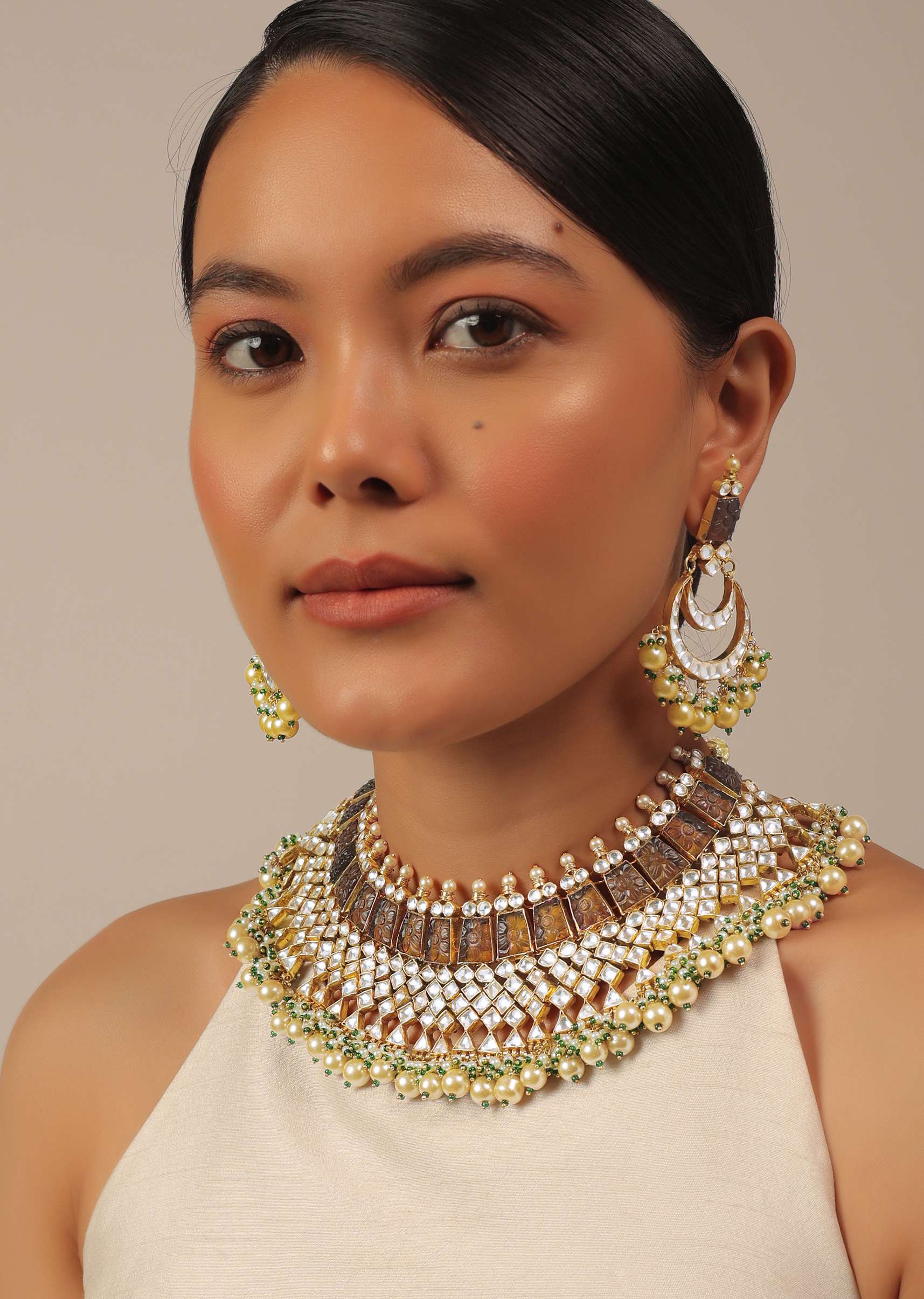 12313-gold-finish-kundan-polki-multicolor-short-necklace-set-with-pearls-and-green-beads-1.jpg Gold Finish Kundan Polki Multicolor Short Necklace Set With Pearls And Green Beads