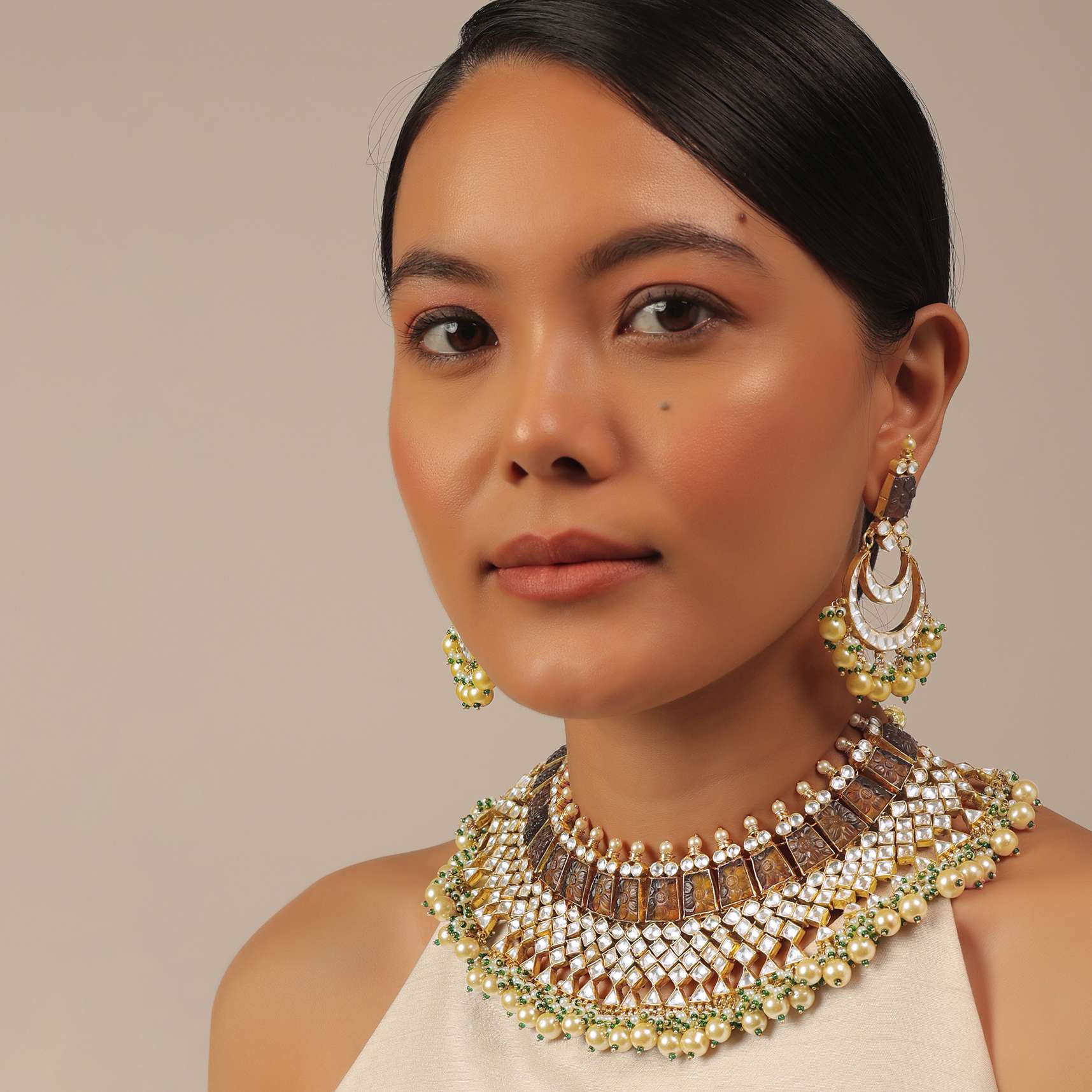 12313-gold-finish-kundan-polki-multicolor-short-necklace-set-with-pearls-and-green-beads-2.jpg Gold Finish Kundan Polki Multicolor Short Necklace Set With Pearls And Green Beads
