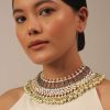 12313-gold-finish-kundan-polki-multicolor-short-necklace-set-with-pearls-and-green-beads-3.jpg Gold Finish Kundan Polki Multicolor Short Necklace Set With Pearls And Green Beads