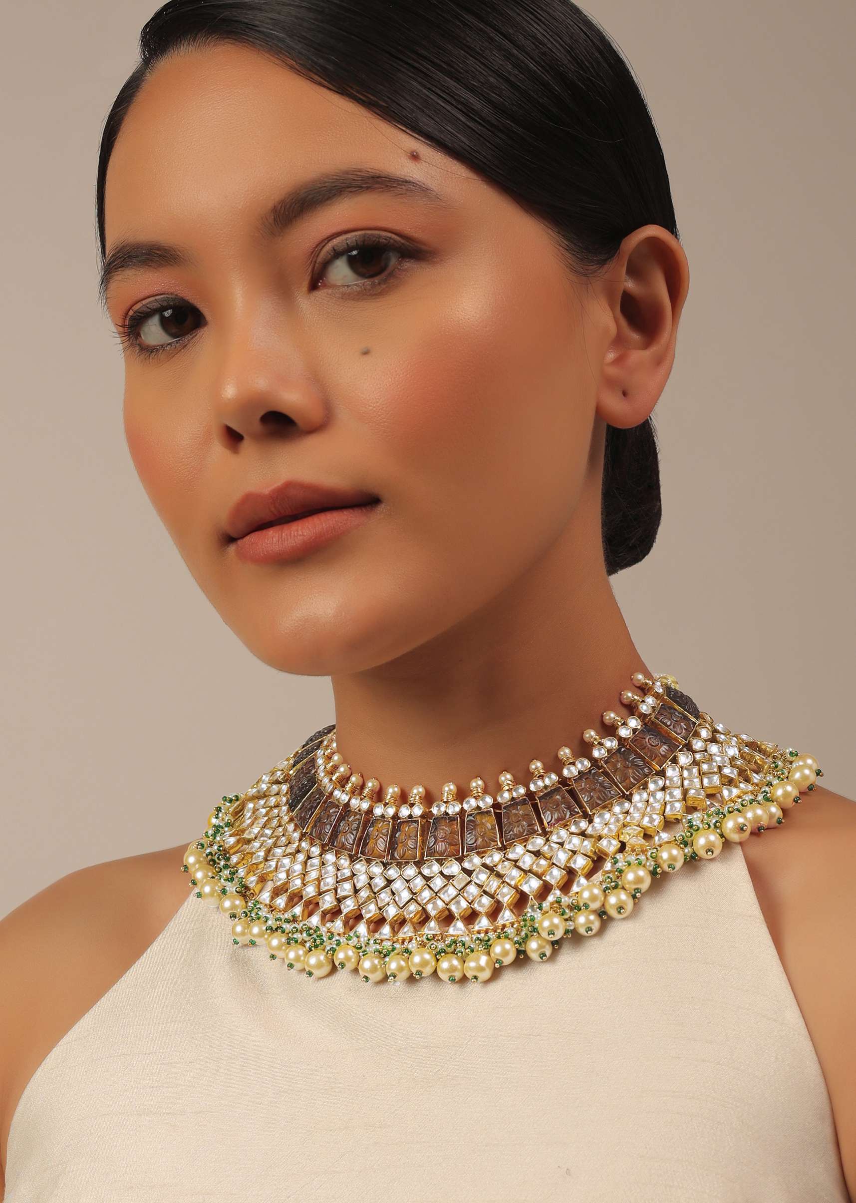 12313-gold-finish-kundan-polki-multicolor-short-necklace-set-with-pearls-and-green-beads-3.jpg Gold Finish Kundan Polki Multicolor Short Necklace Set With Pearls And Green Beads