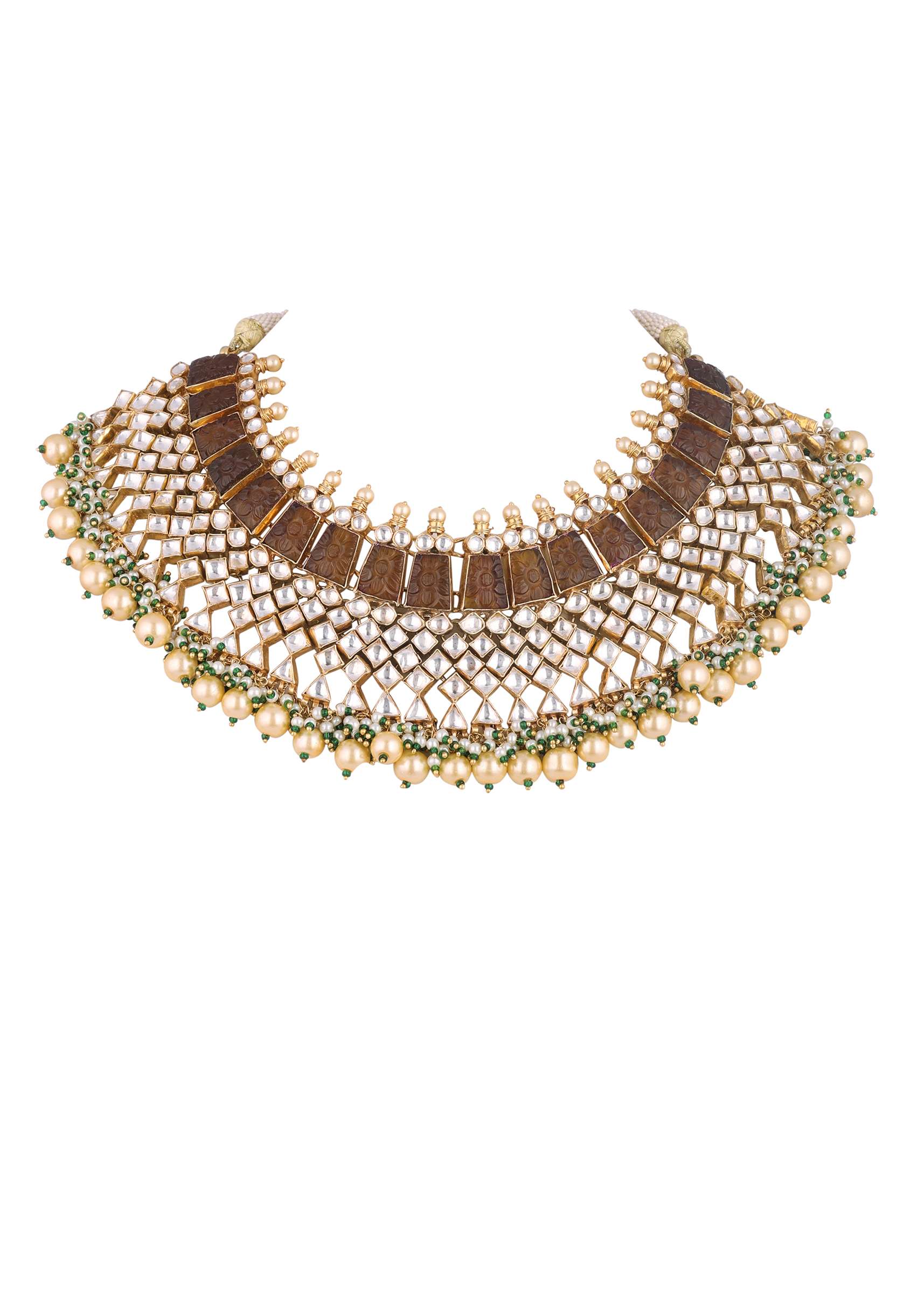 12313-gold-finish-kundan-polki-multicolor-short-necklace-set-with-pearls-and-green-beads-5.jpg Gold Finish Kundan Polki Multicolor Short Necklace Set With Pearls And Green Beads