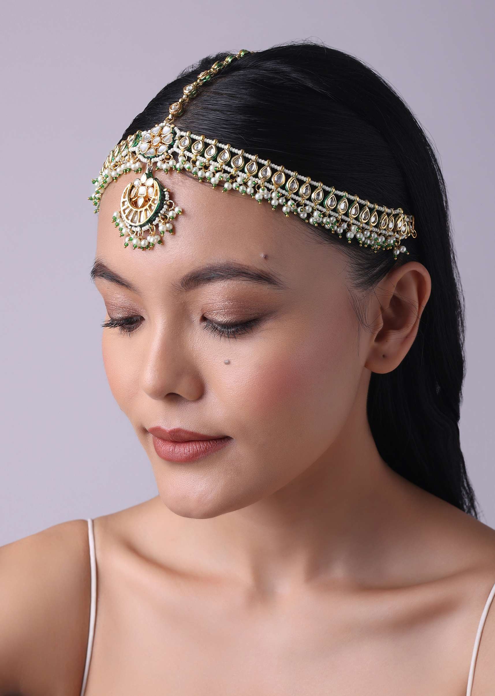 12314-gold-finish-kundan-and-pearl-mathapatti-1.jpg Gold Finish Kundan And Pearl Mathapatti