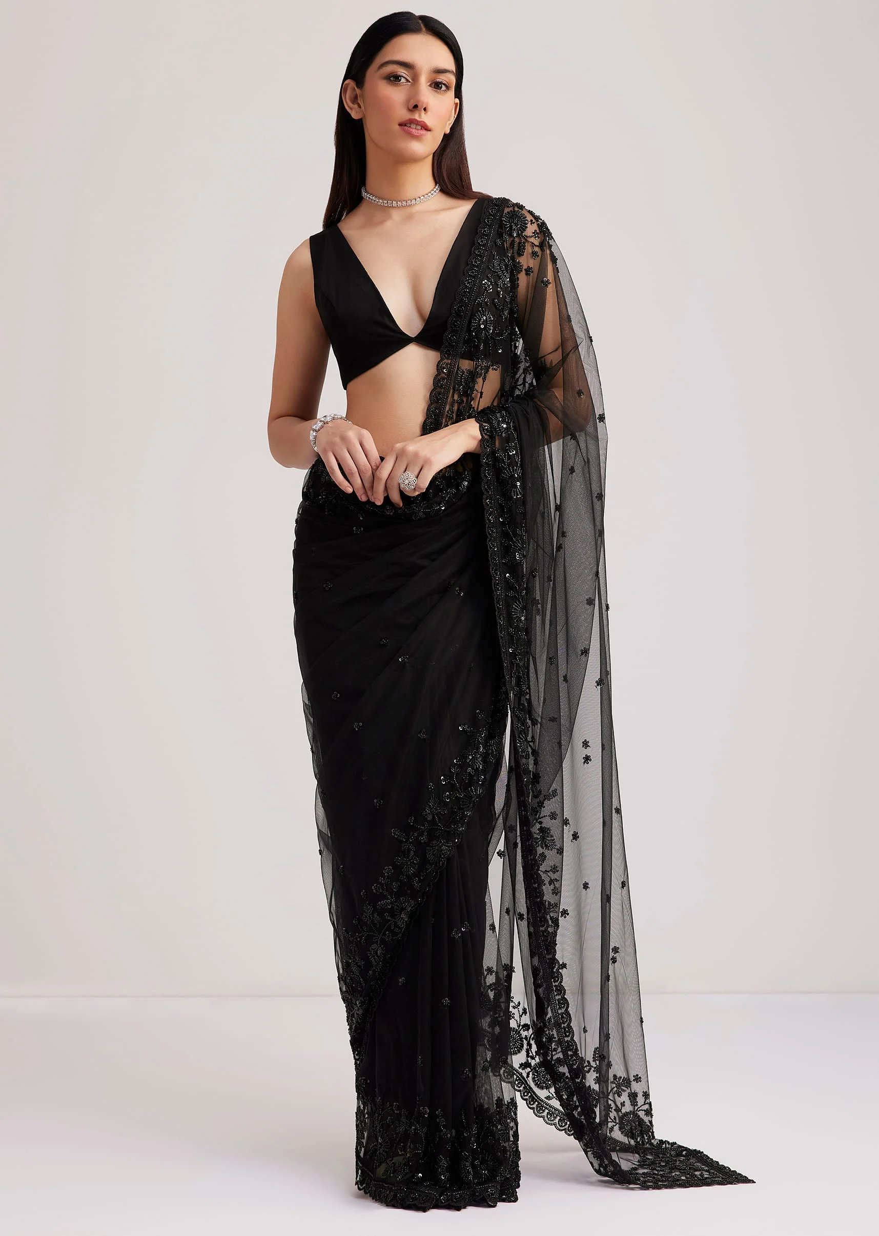 Black Net Heavy Embroidered Saree With Sequins And Stones