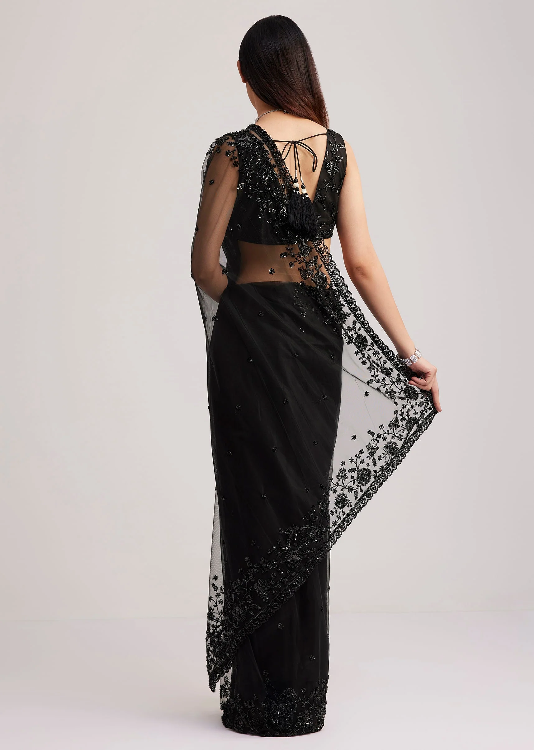 Black Net Heavy Embroidered Saree With Sequins And Stones