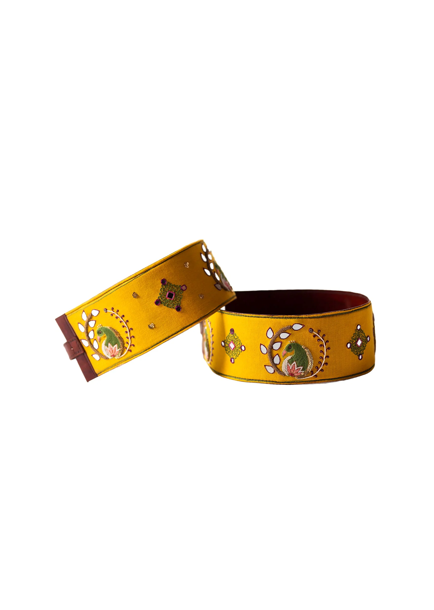 Yellow And Olive Embroidered Waist Belt