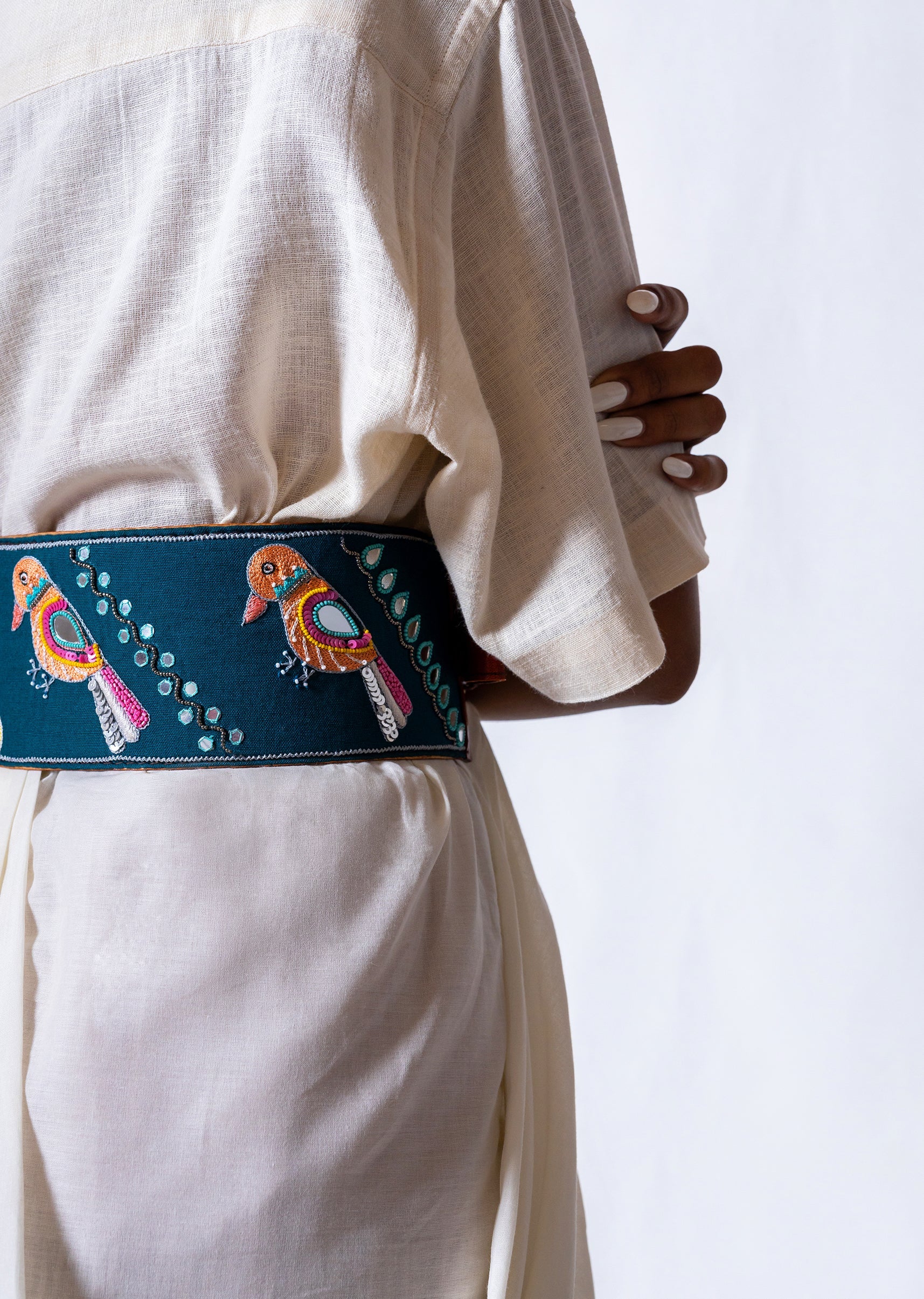 Turquoise And Peach Embroidered Waist Belt