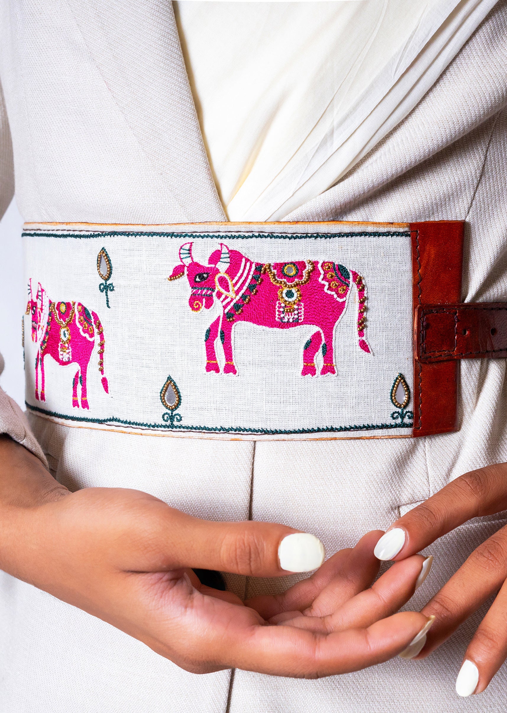 White And Pink Embroidered Waist Belt