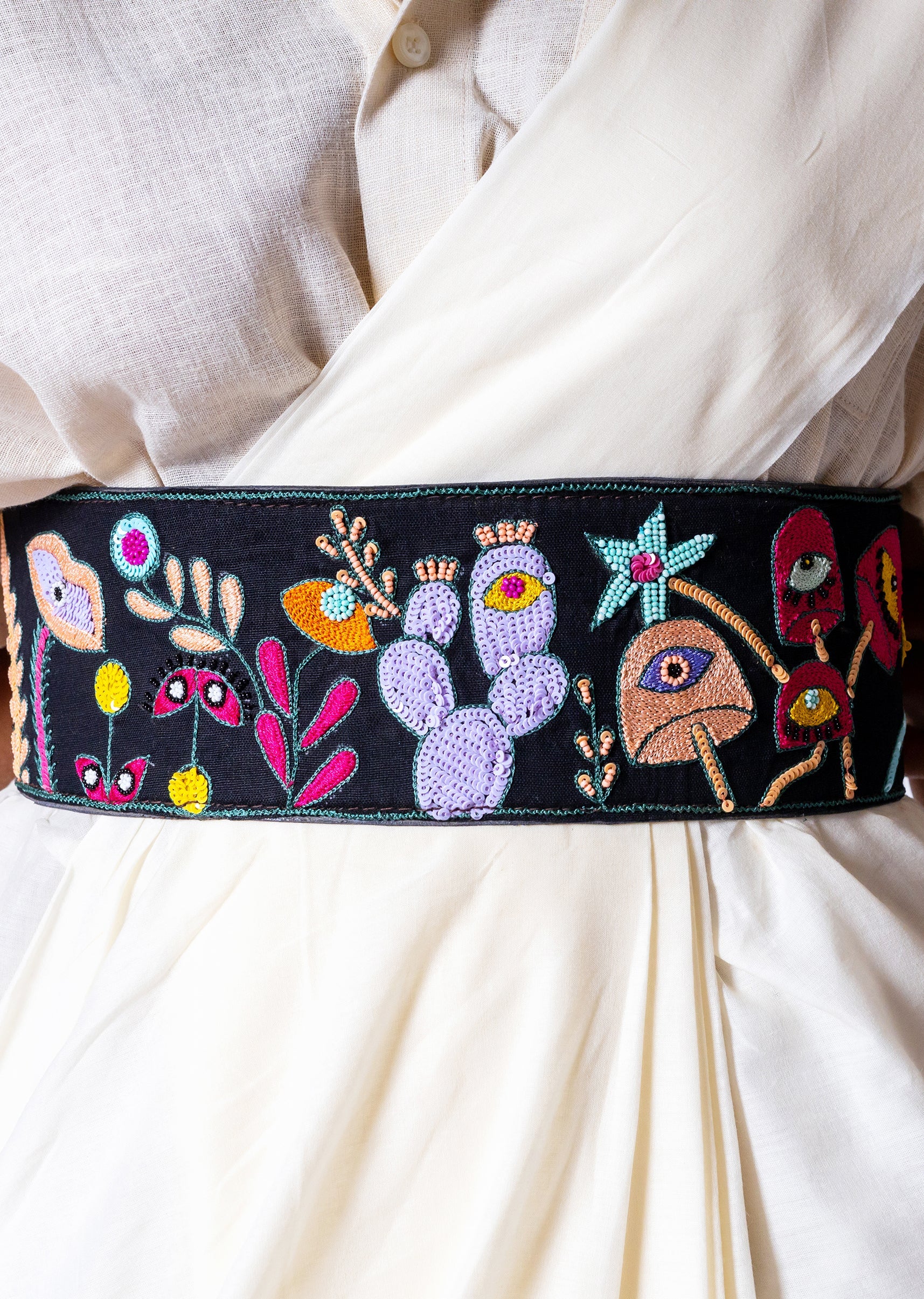 Black Multi Color Embroidered Waist Belt