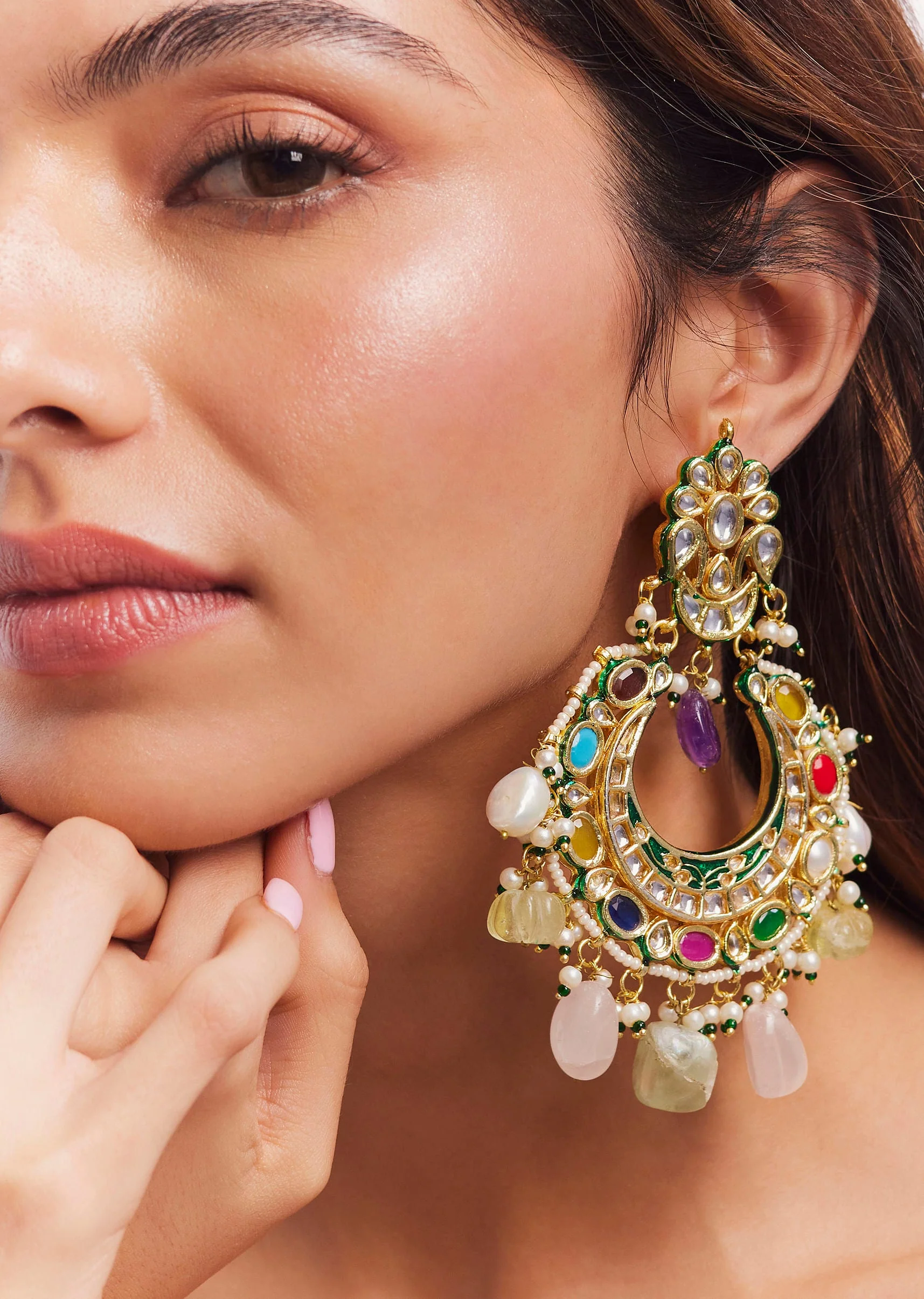 Gold Finish Kundan Polki Dangler Earrings With Pearl