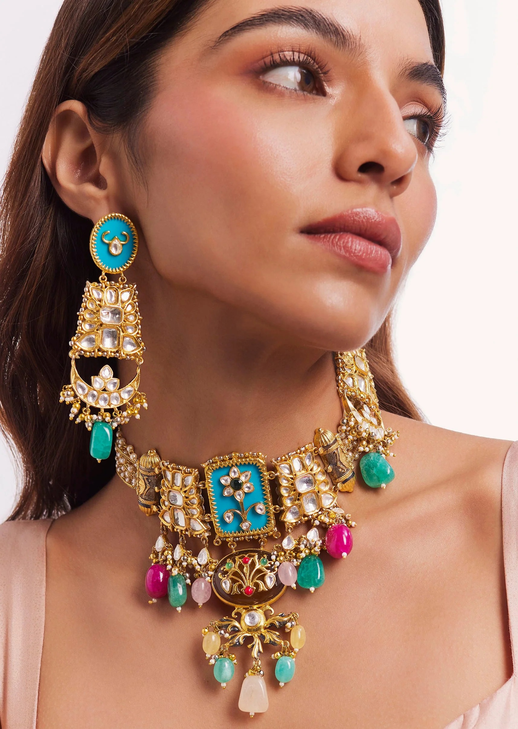 12423-gold-finish-kundan-polki-choker-necklace-set-1.webp Gold Finish Kundan Polki Choker Necklace Set