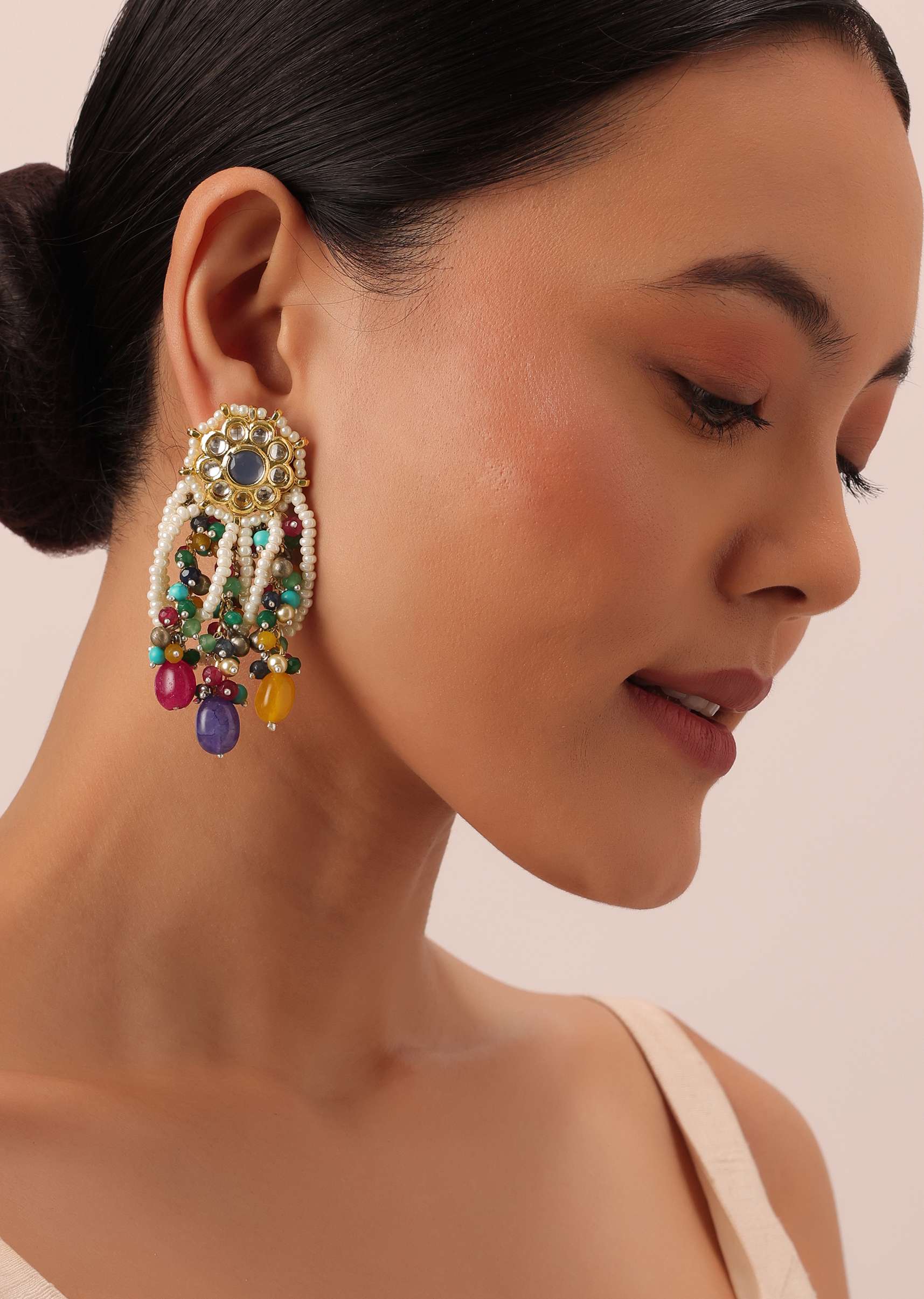 12463-two-tone-fusion-danglers-with-multicolor-bead-drops-and-meenakari-1.jpg Two Tone Fusion Danglers With Multicolor Bead Drops And Meenakari