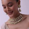 Gold Finish Choker With Pearls And Green Beads