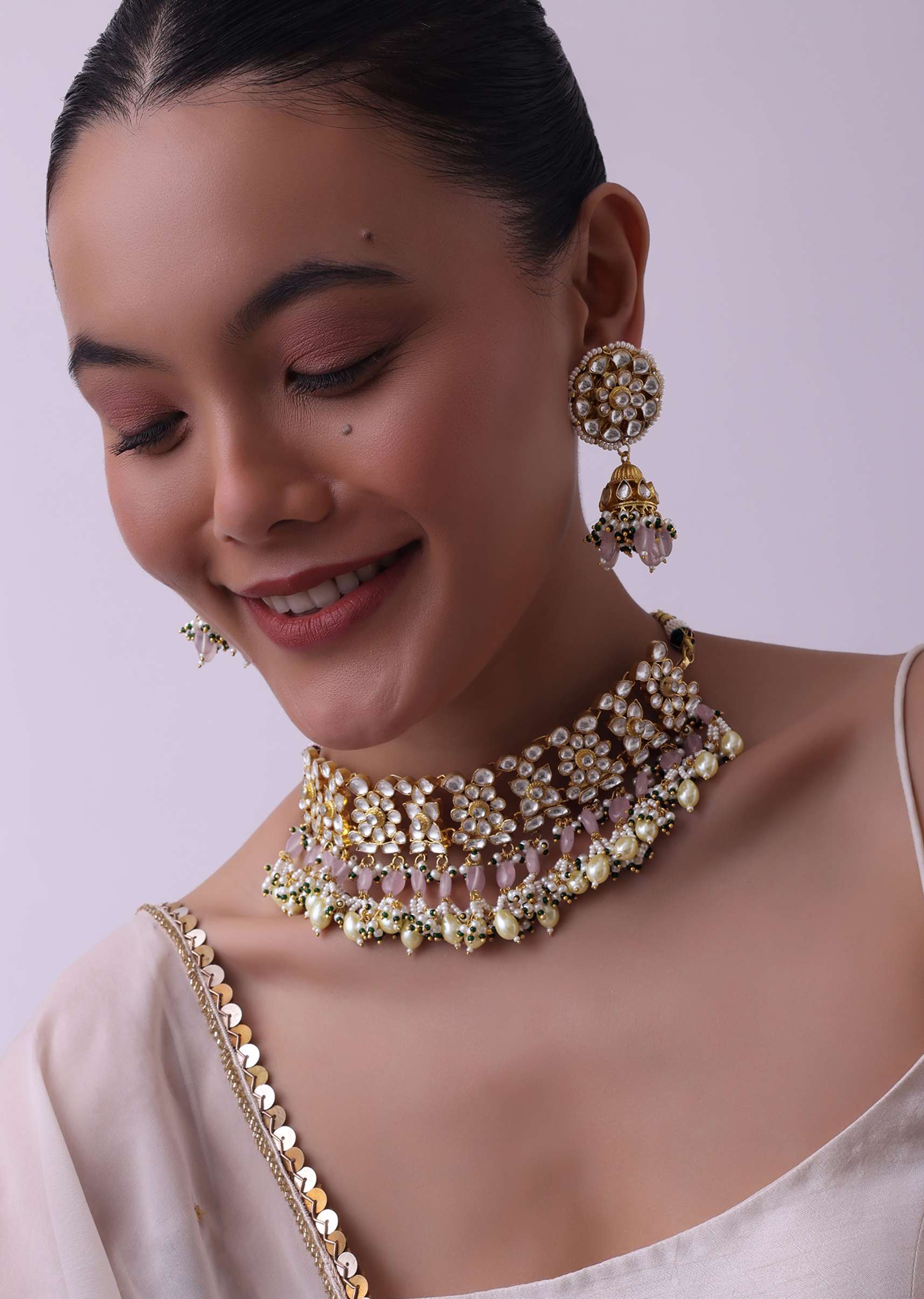 12465-gold-finish-choker-with-pearls-and-green-beads-1.jpg Gold Finish Choker With Pearls And Green Beads