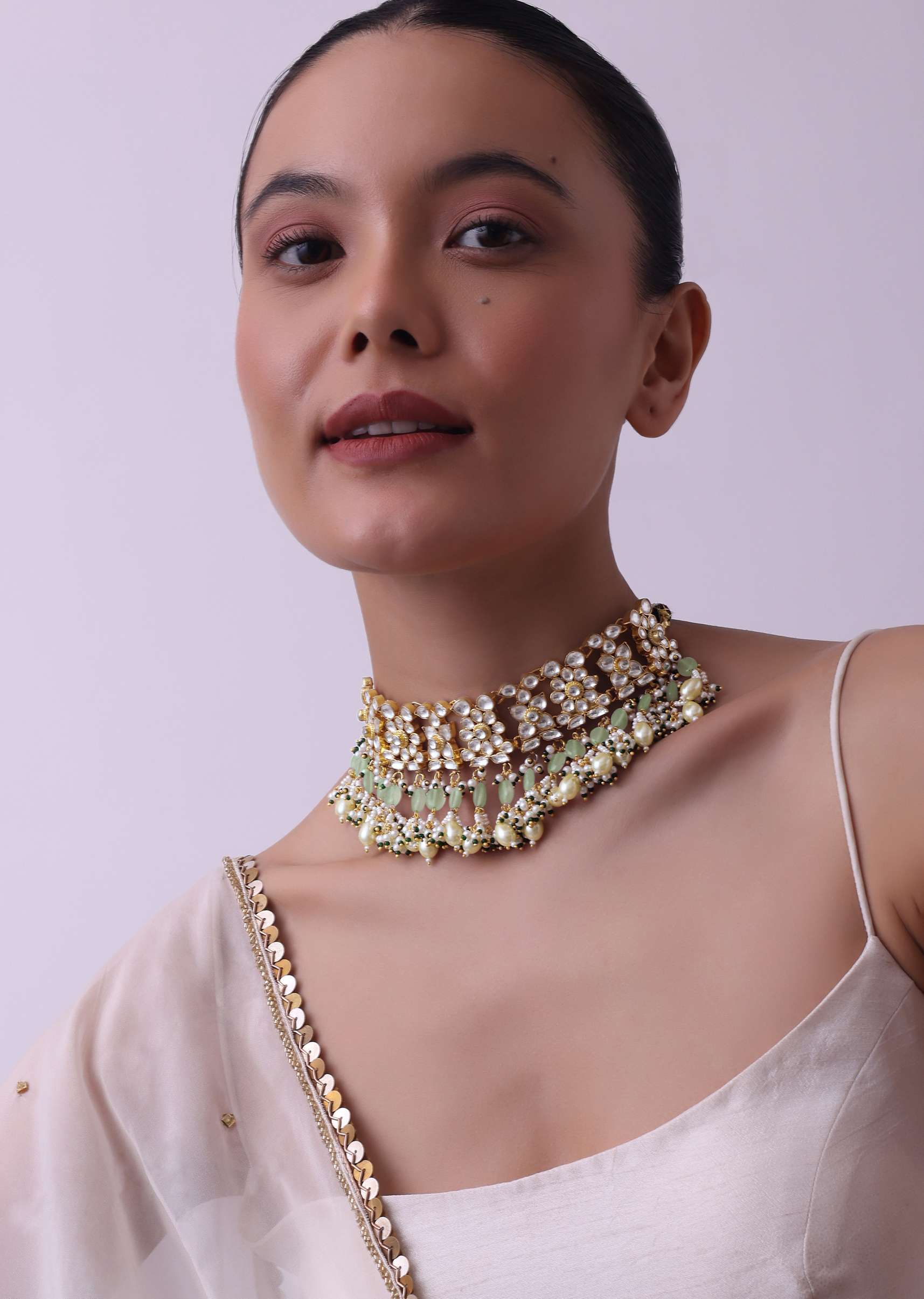 Gold Finish Choker With Pearls And Green Beads