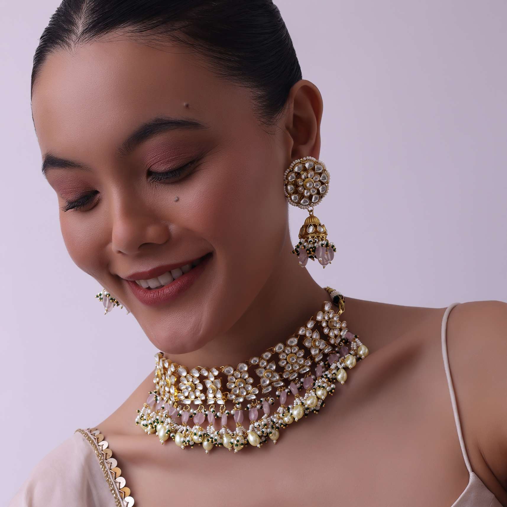 Gold Finish Choker With Pearls And Green Beads