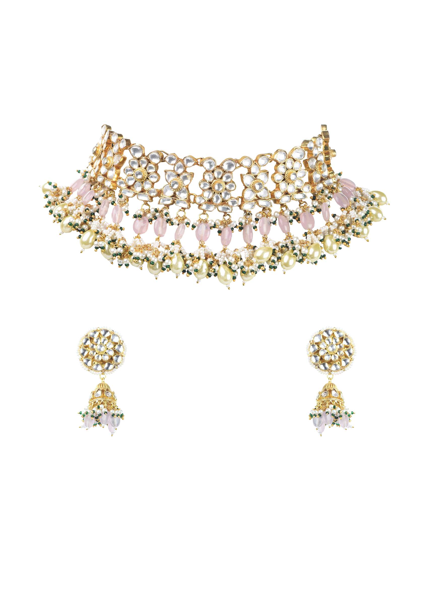 Gold Finish Choker With Pearls And Green Beads