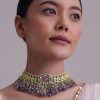 Voilet Toned Gold-Finish Kundan Choker Necklace Set With Colourful Meenakari Work In Mix Metal