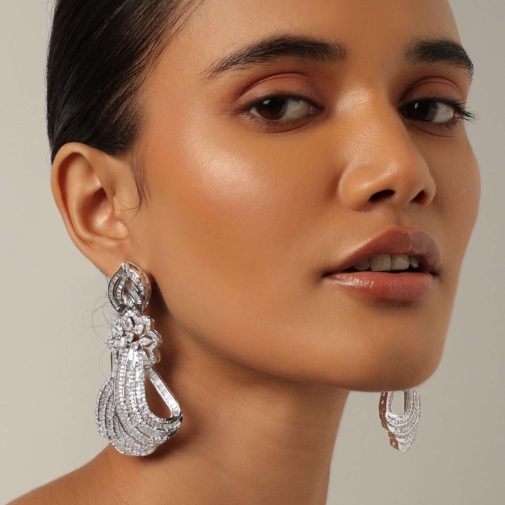 12485-silver-finish-statement-cocktail-earrings-with-zirconia-stones-1.jpg Silver Finish Statement Cocktail Earrings With Zirconia Stones