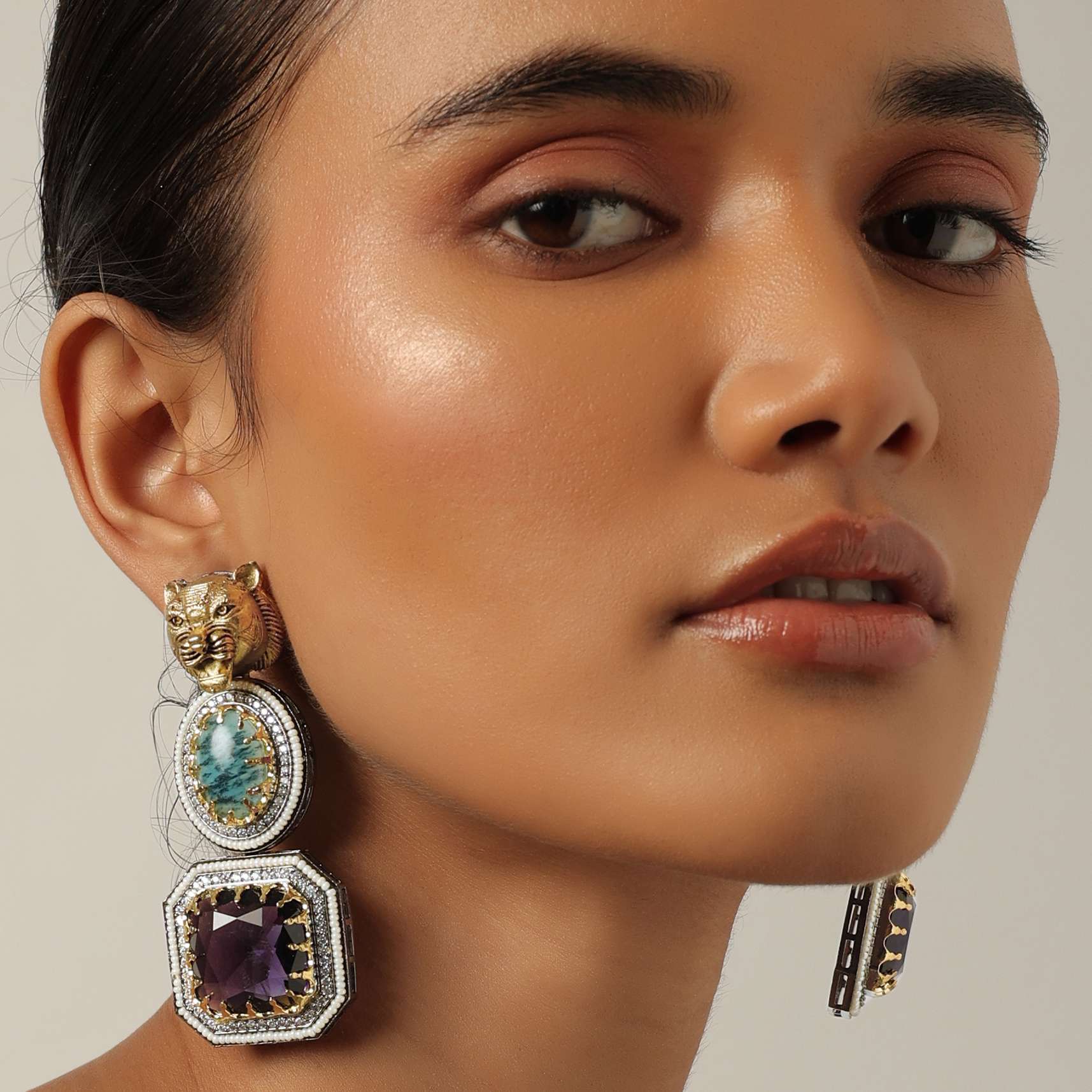 12490-red-two-tone-danglers-with-studded-stones-1.jpg Red Two Tone Danglers With Studded Stones