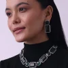 Silver Finish Necklace And Earring Set Studded With Green Synthetic Stones