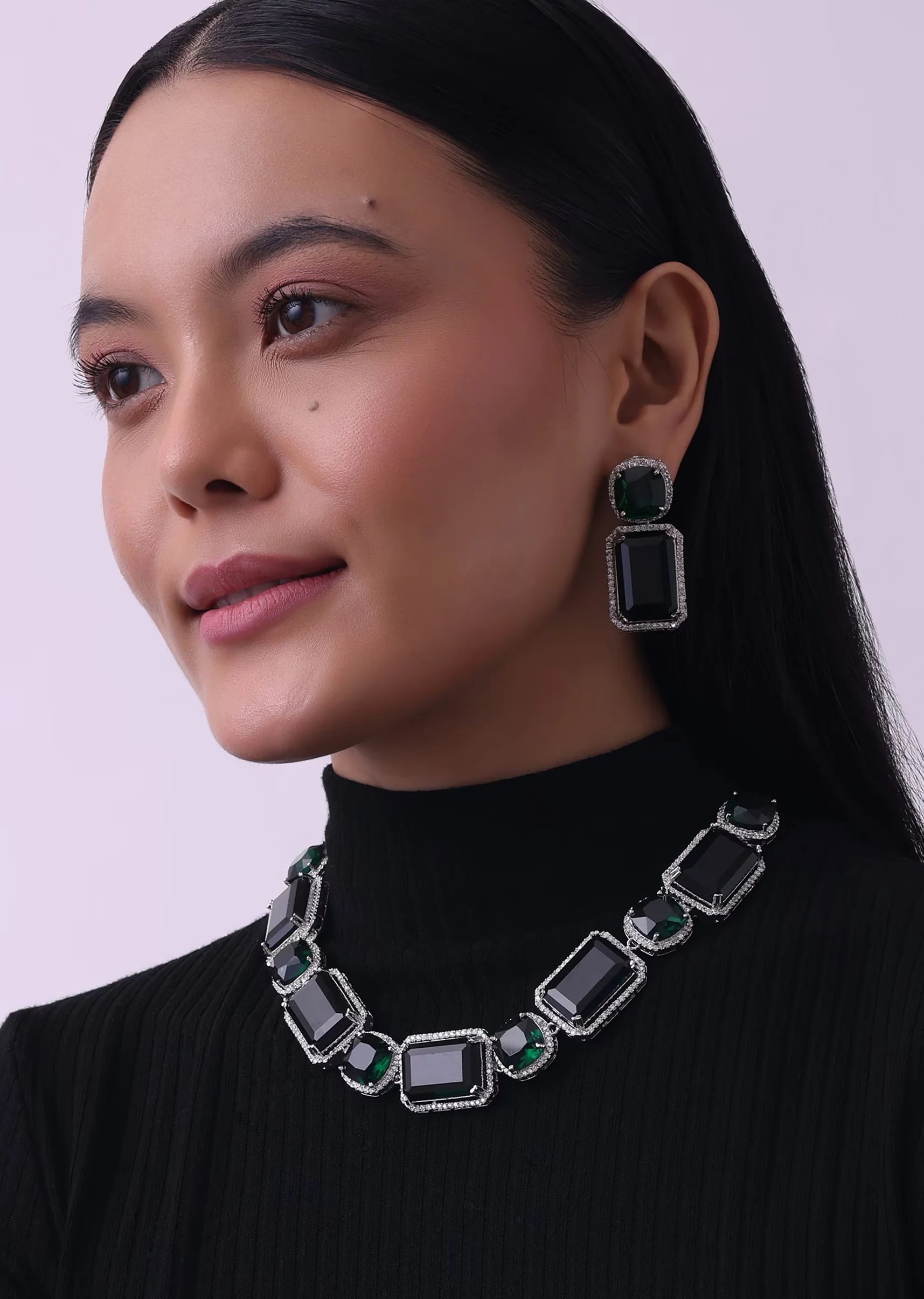 12491-silver-finish-necklace-and-earring-set-studded-with-green-synthetic-stones-1.webp Silver Finish Necklace And Earring Set Studded With Green Synthetic Stones