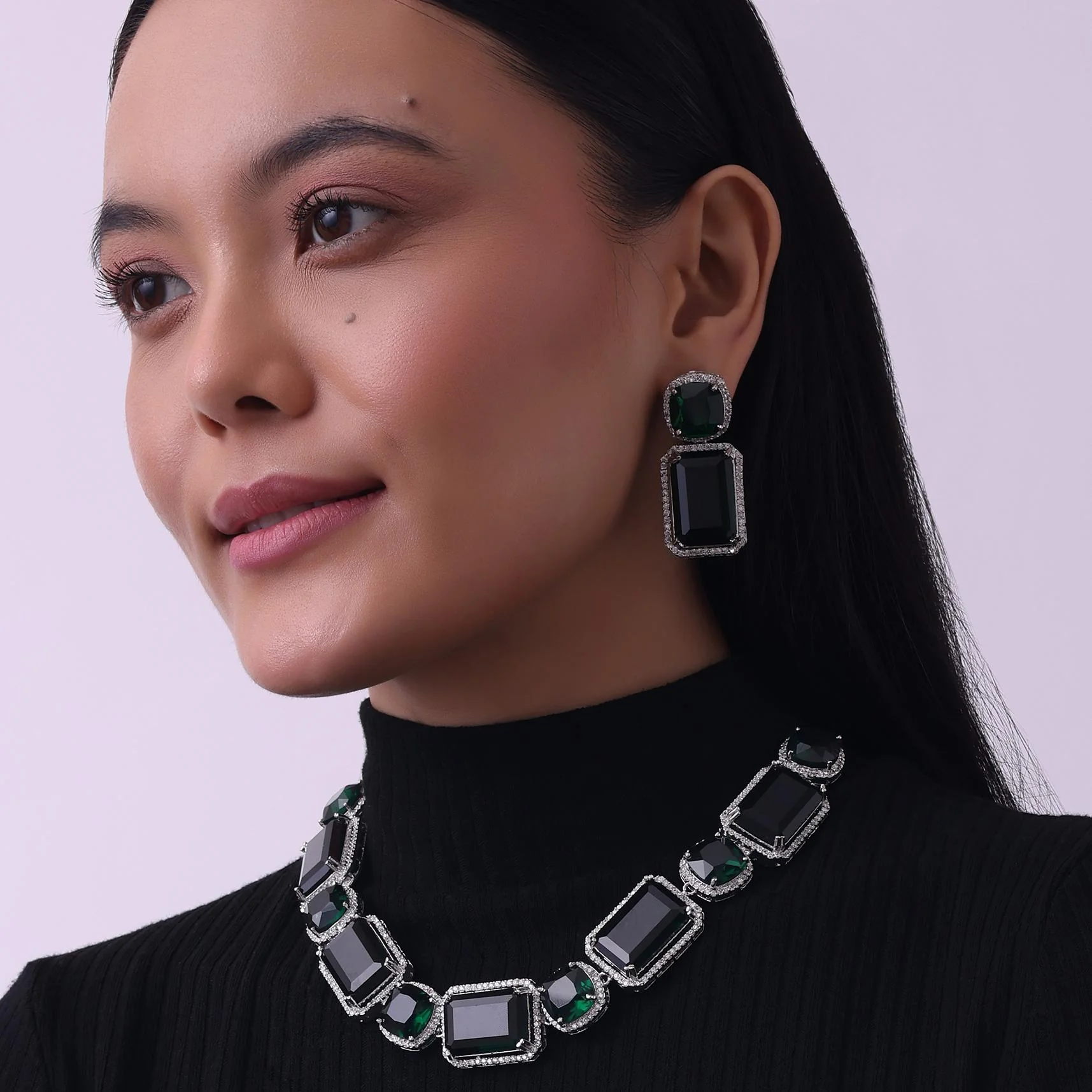 Silver Finish Necklace And Earring Set Studded With Green Synthetic Stones