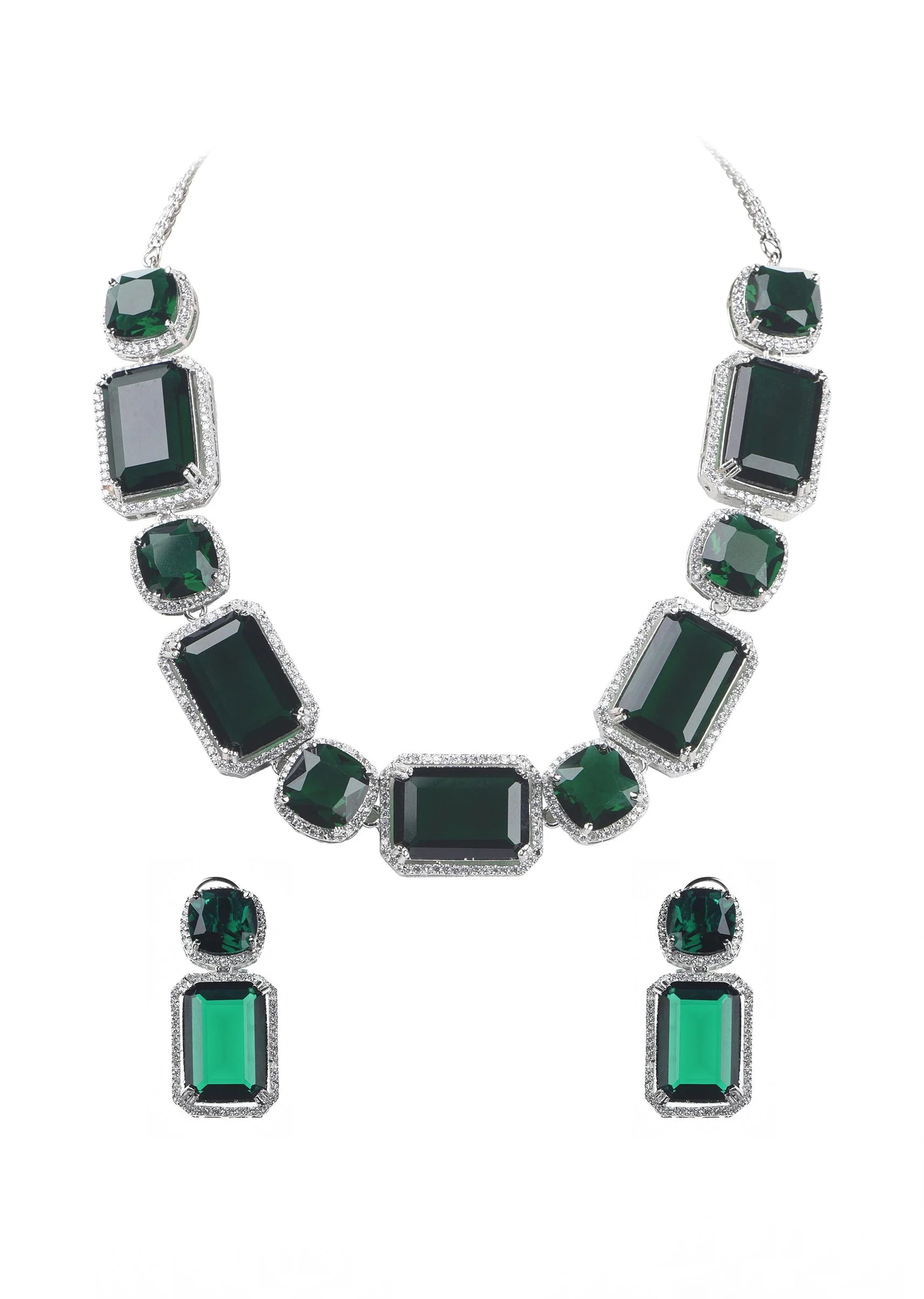 Silver Finish Necklace And Earring Set Studded With Green Synthetic Stones