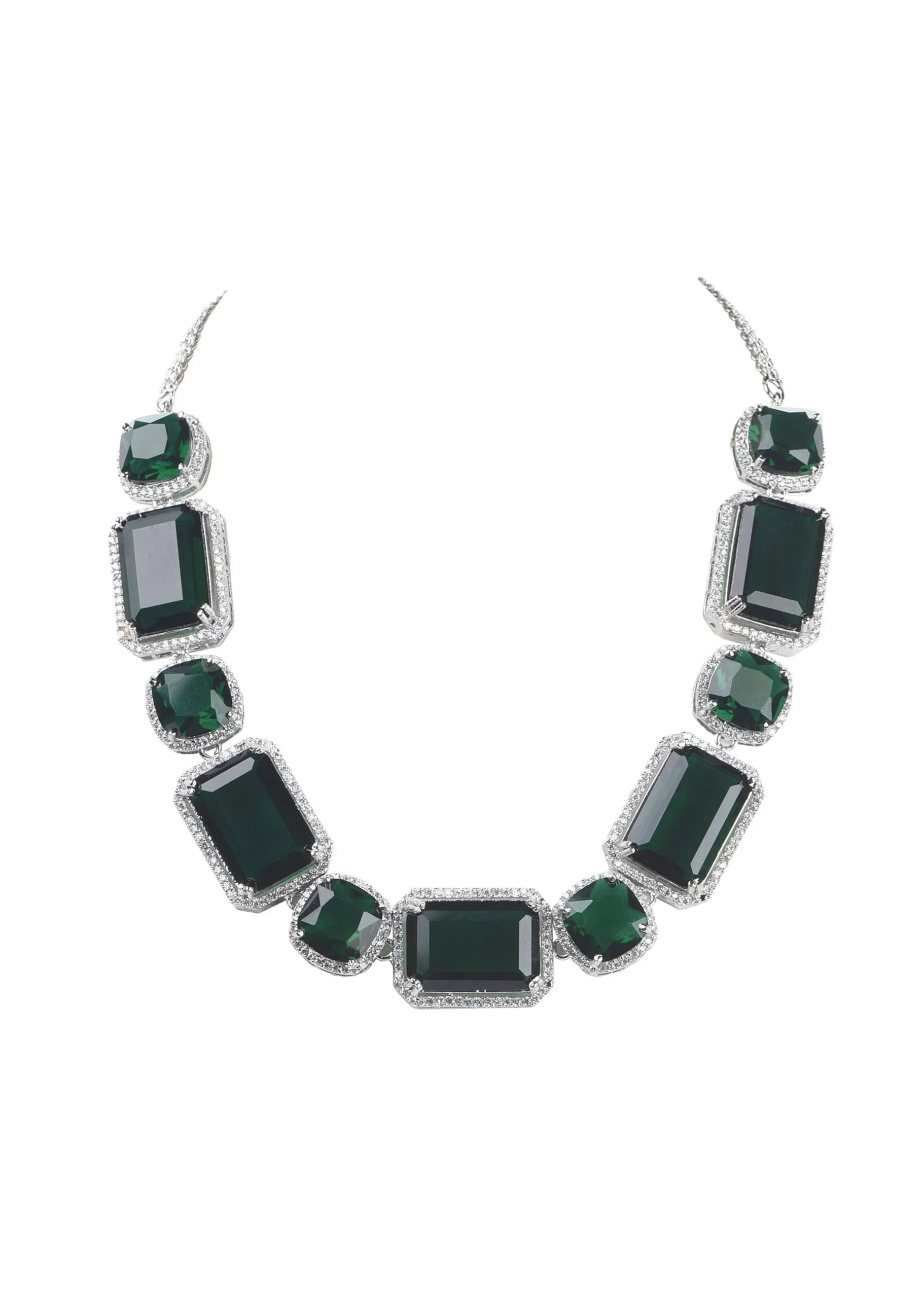 Silver Finish Necklace And Earring Set Studded With Green Synthetic Stones